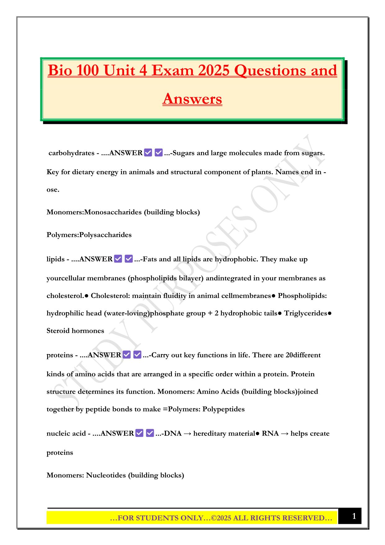 Bio 100 Unit 4 Exam 2025 Questions and Answers