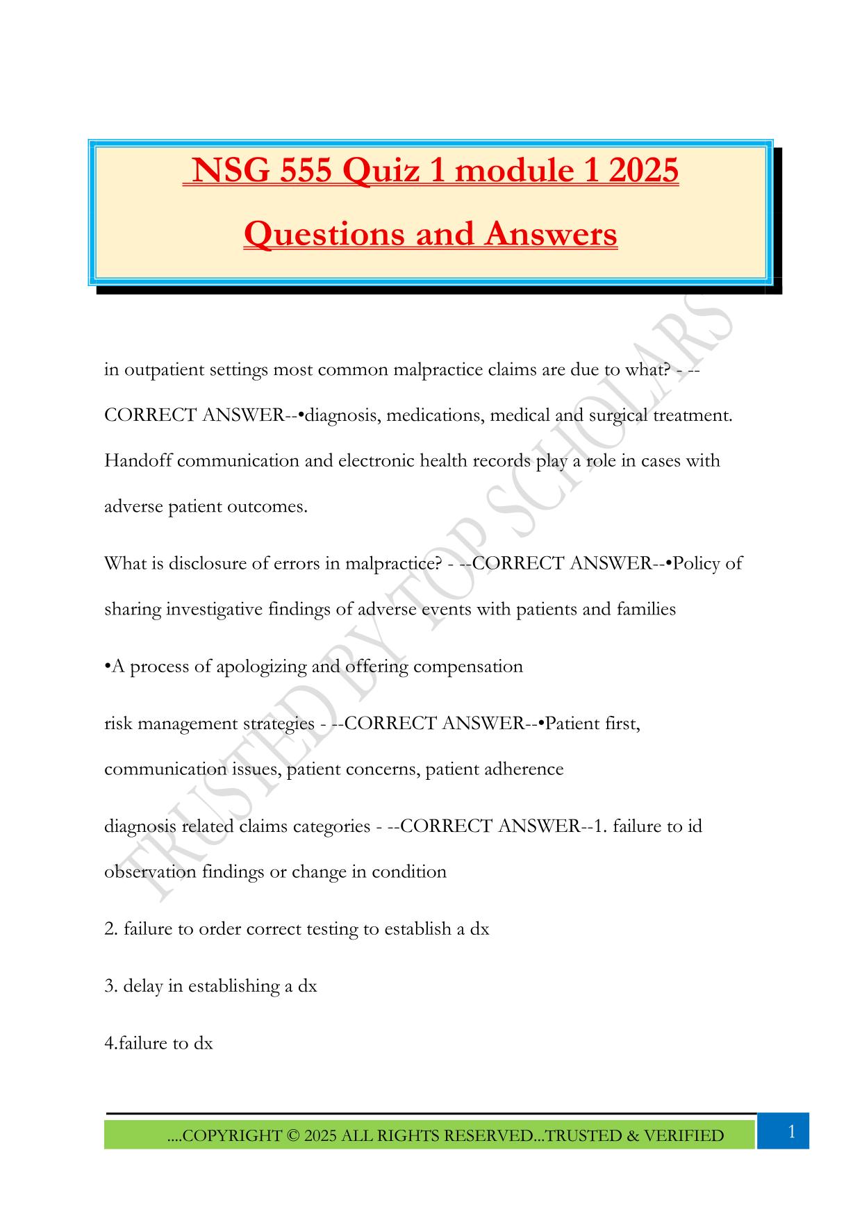 NSG 555 Quiz 1 module 1 2025 Questions and Answers