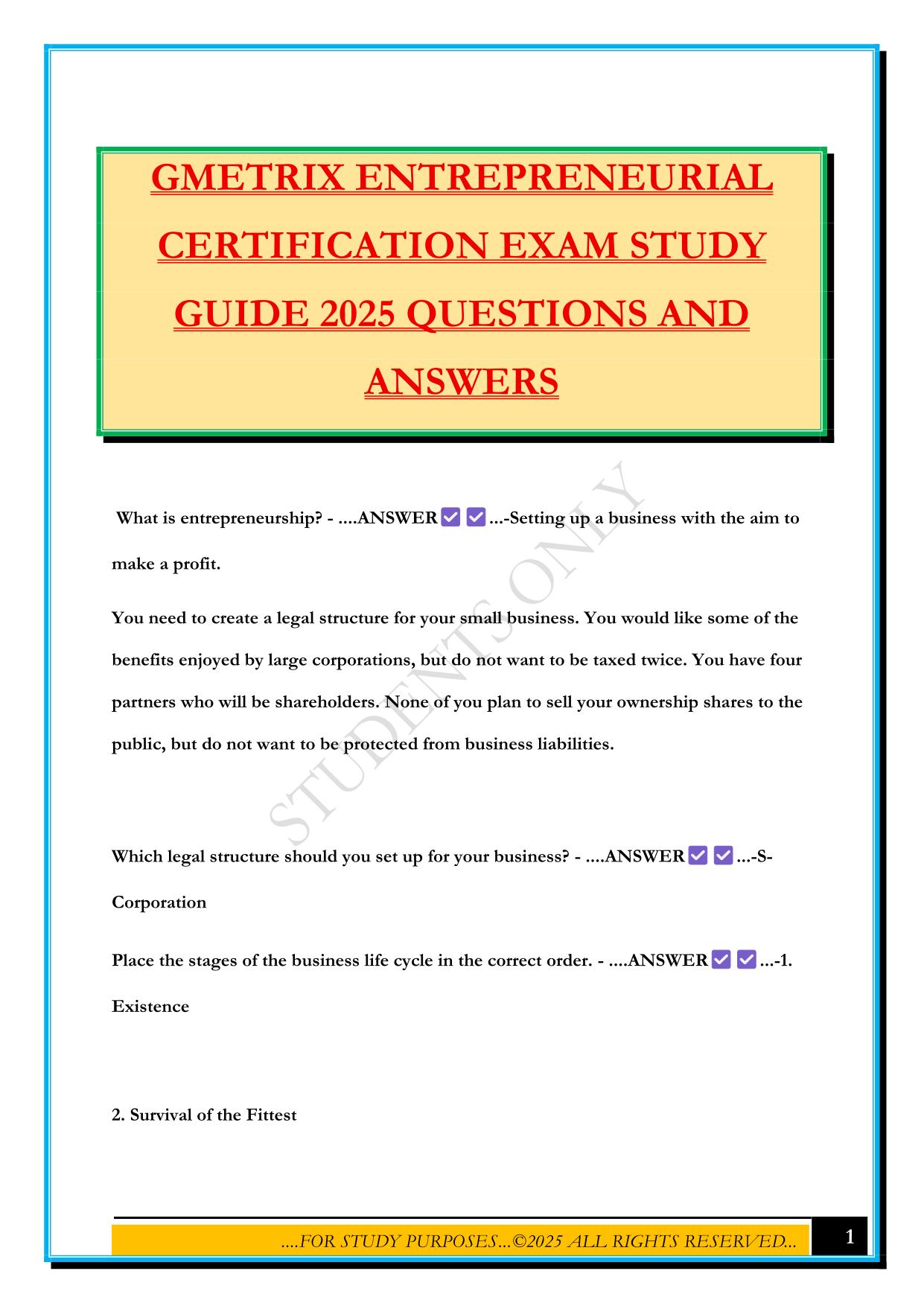 GMETRIX ENTREPRENEURIAL CERTIFICATION EXAM STUDY GUIDE 2025 QUESTIONS AND ANSWERS