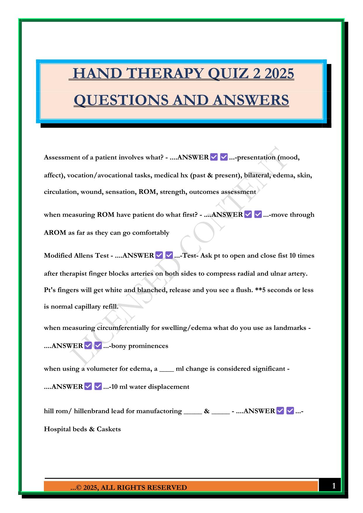 HAND THERAPY QUIZ 2 2025 QUESTIONS AND ANSWERS