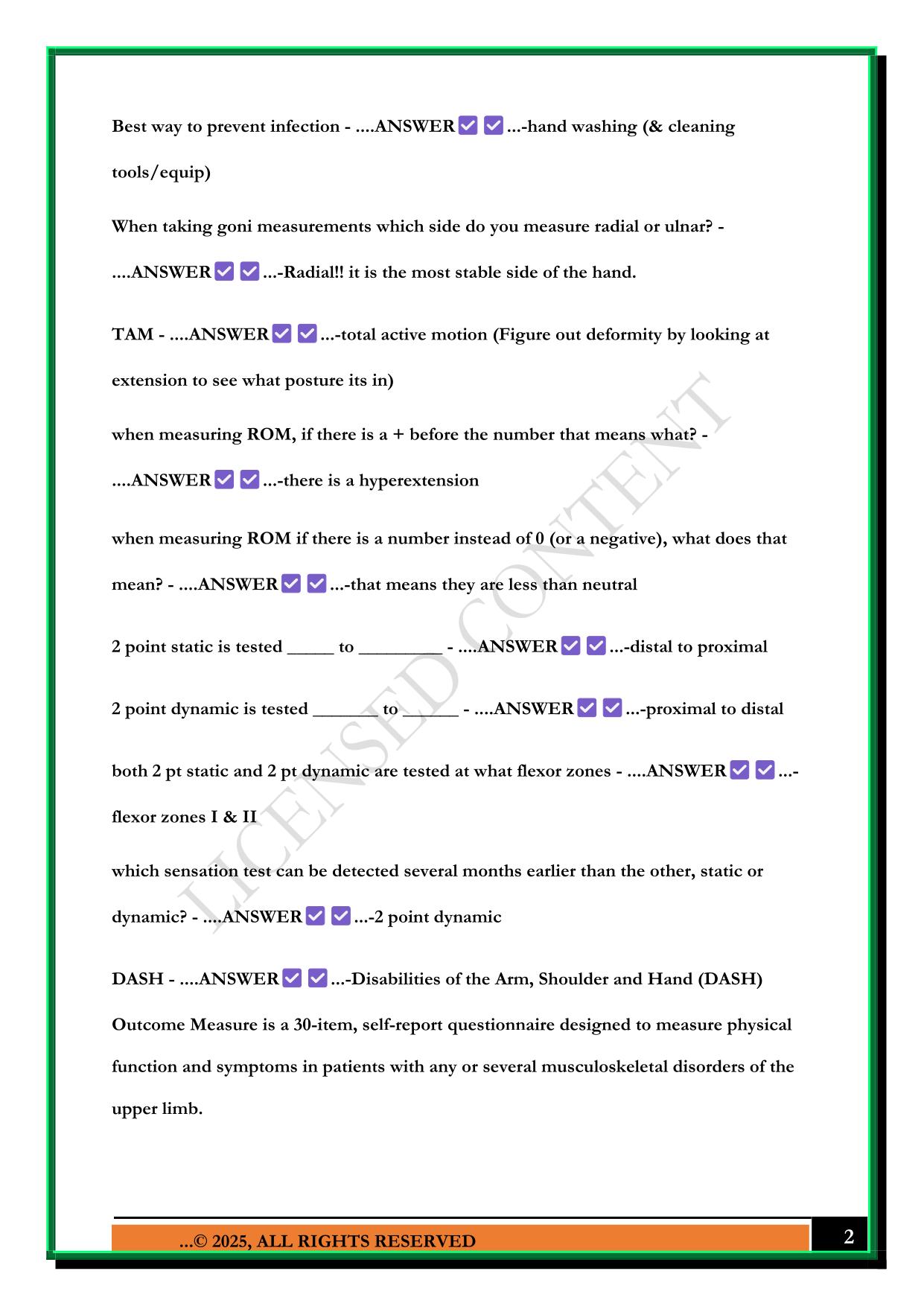 HAND THERAPY QUIZ 2 2025 QUESTIONS AND ANSWERS
