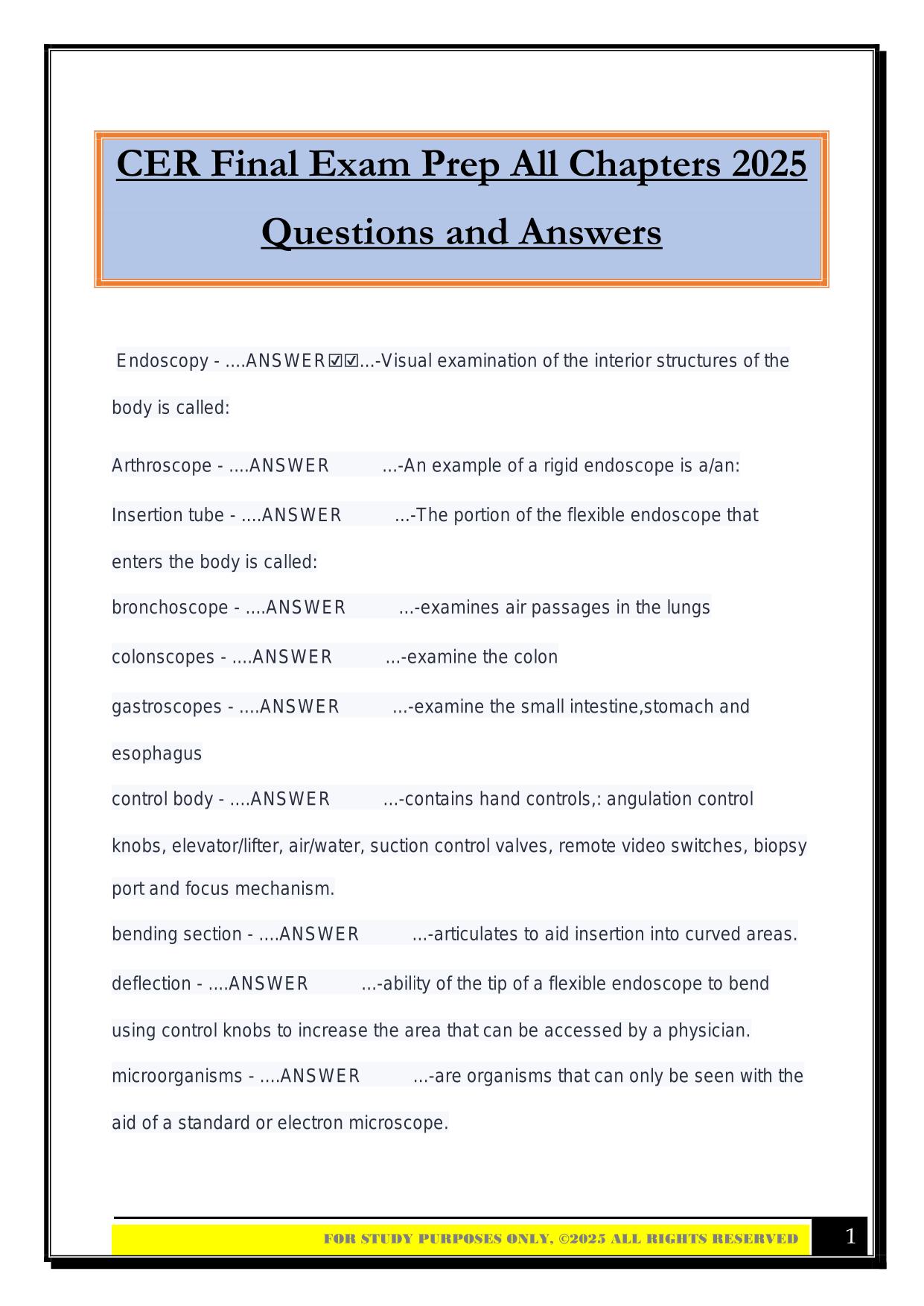 CER Final Exam Prep All Chapters 2025 Questions and Answers