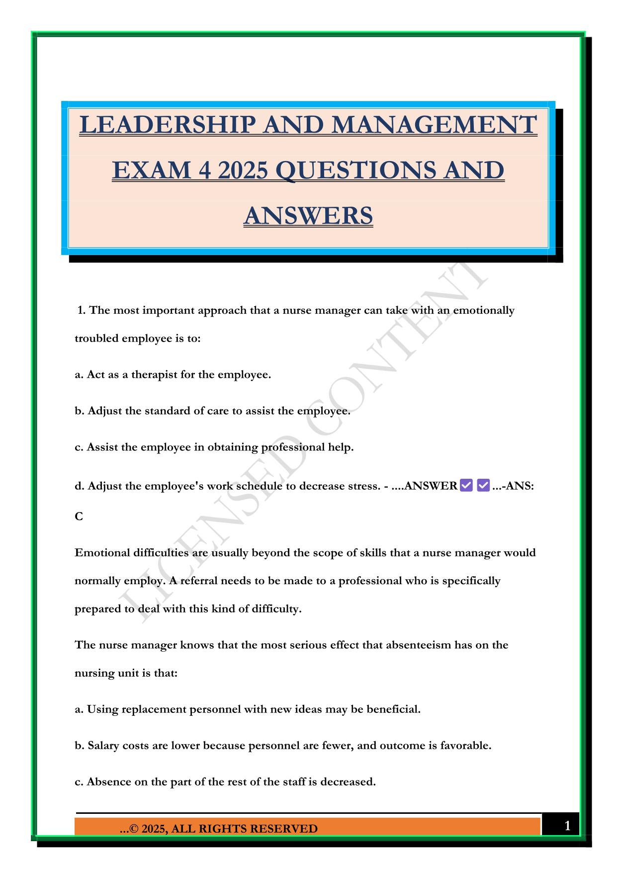 LEADERSHIP AND MANAGEMENT EXAM 4 2025 QUESTIONS AND ANSWERS