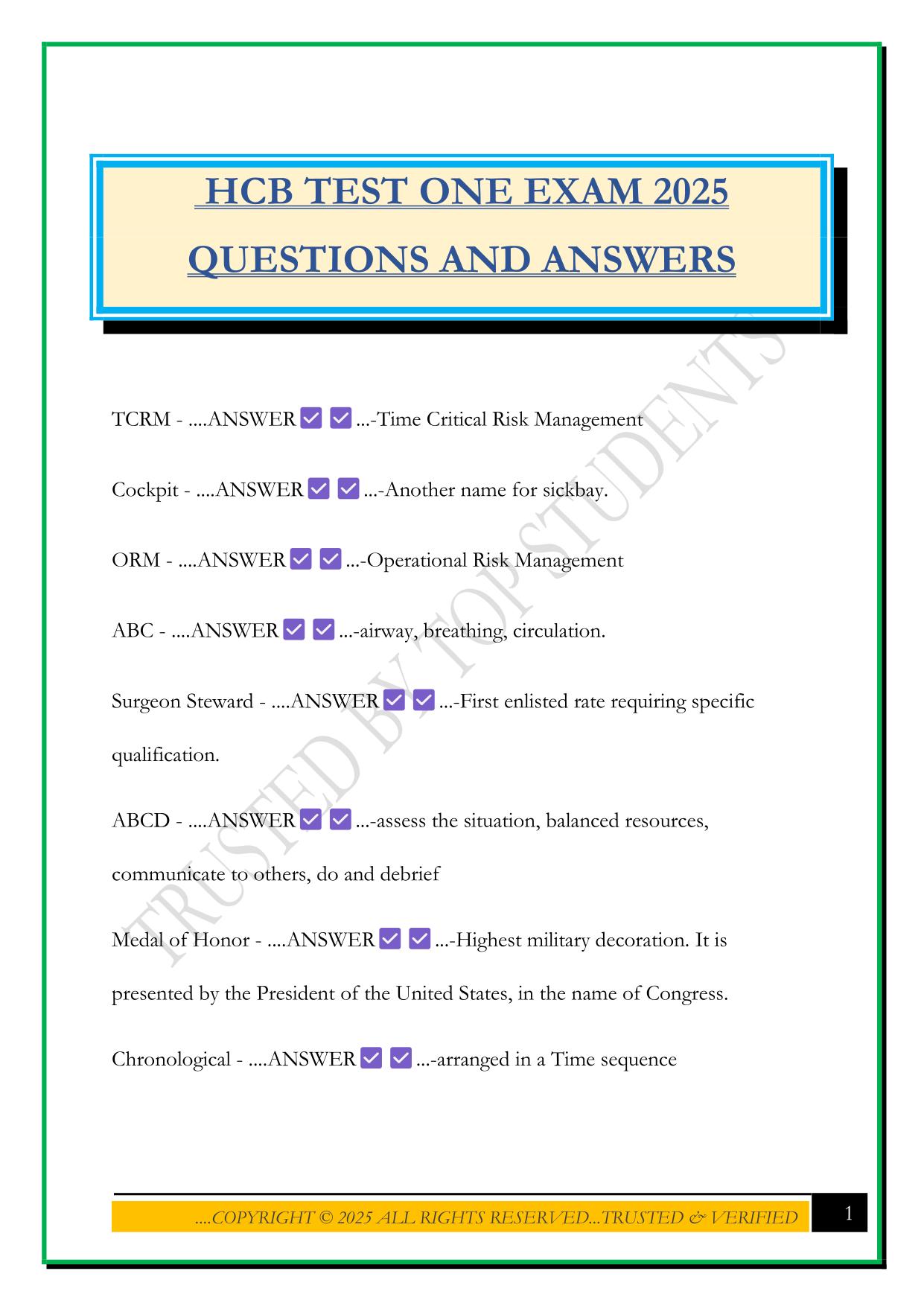 HCB TEST ONE EXAM 2025 QUESTIONS AND ANSWERS