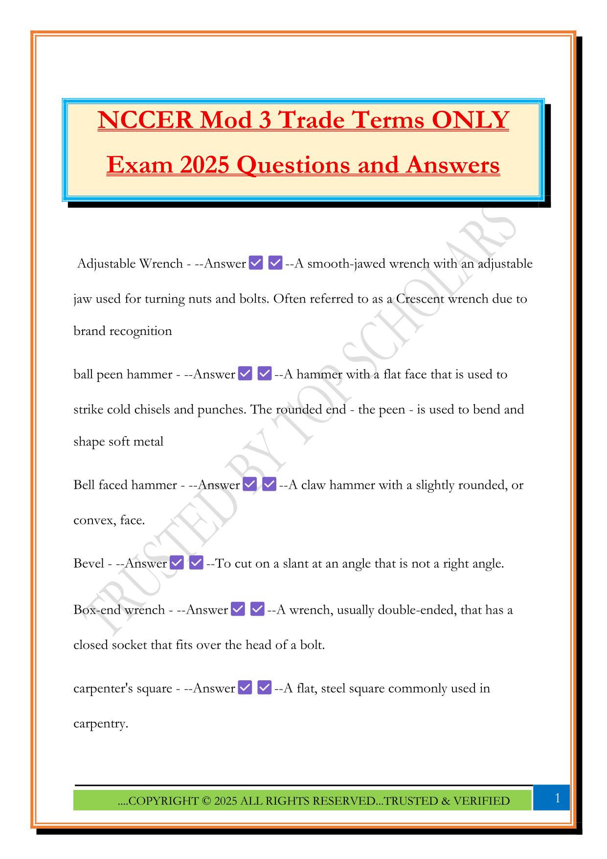 NCCER Mod 3 Trade Terms ONLY Exam 2025 Questions and Answers