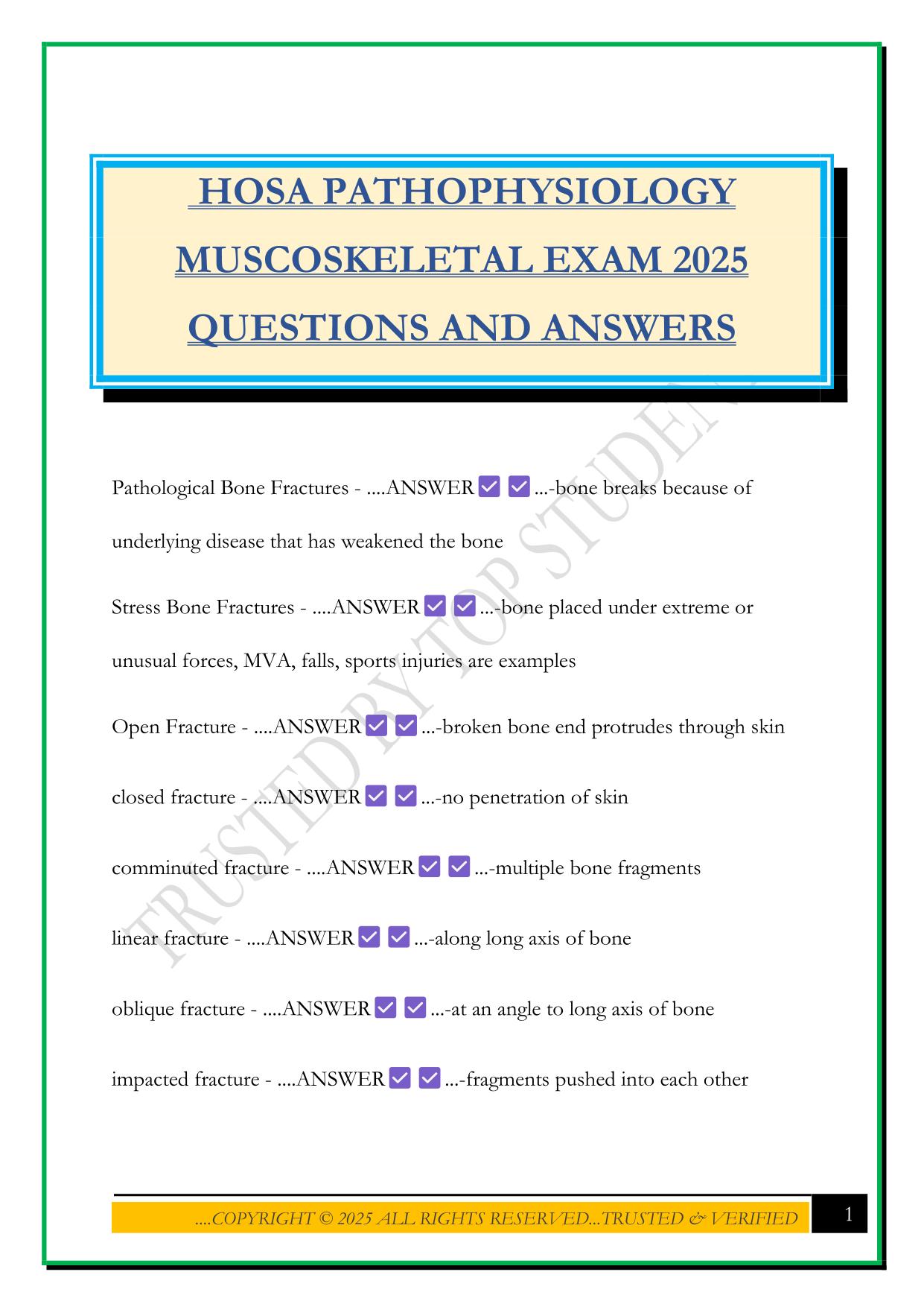 HOSA PATHOPHYSIOLOGY MUSCOSKELETAL EXAM 2025 QUESTIONS AND ANSWERS