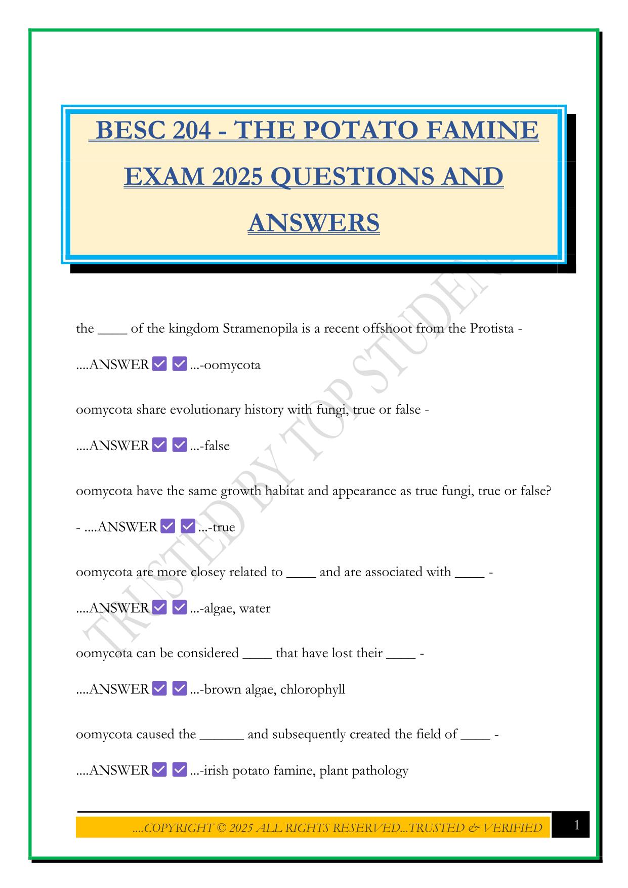 BESC 204 - THE POTATO FAMINE EXAM 2025 QUESTIONS AND ANSWERS