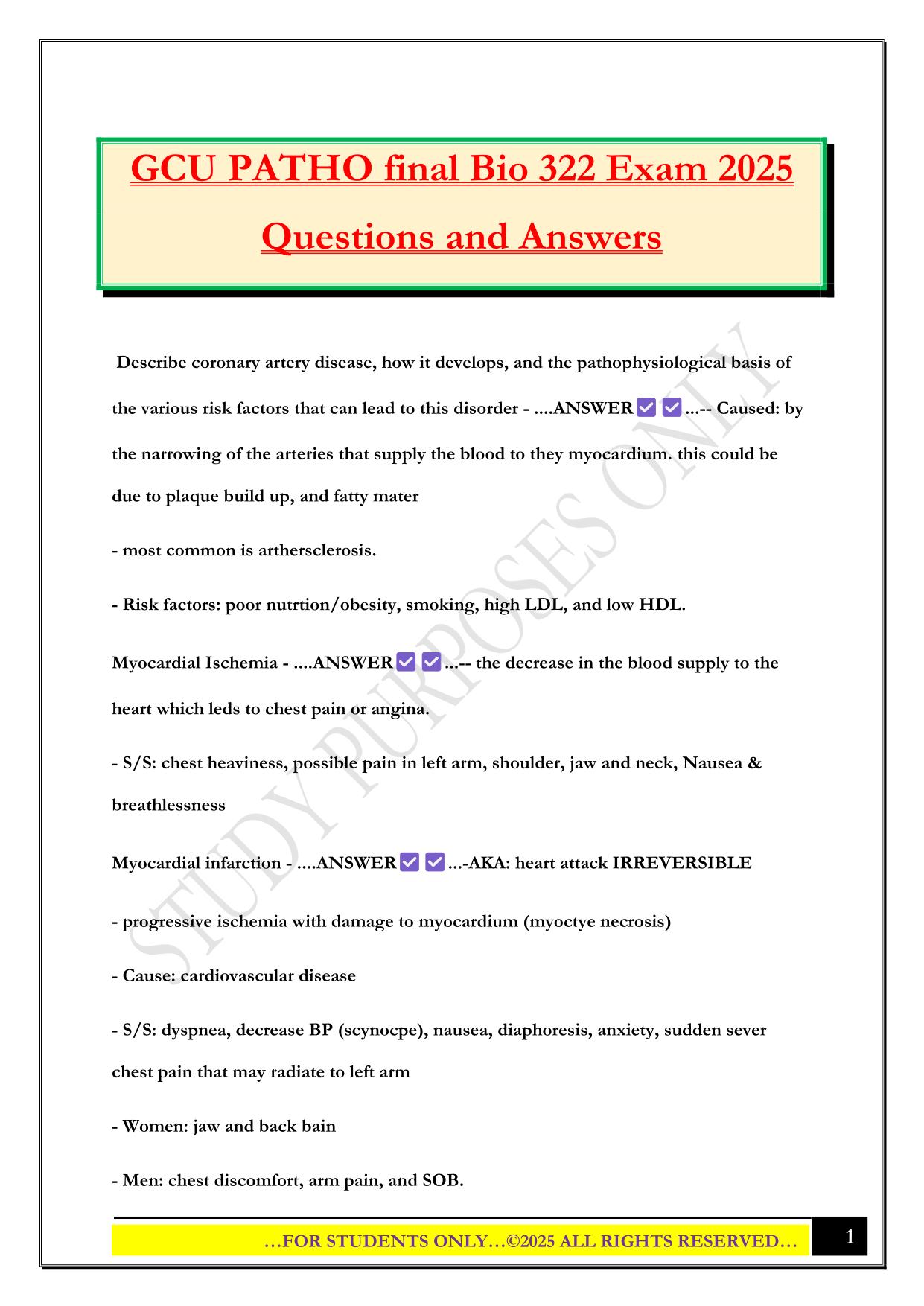 GCU PATHO final Bio 322 Exam 2025 Questions and Answers