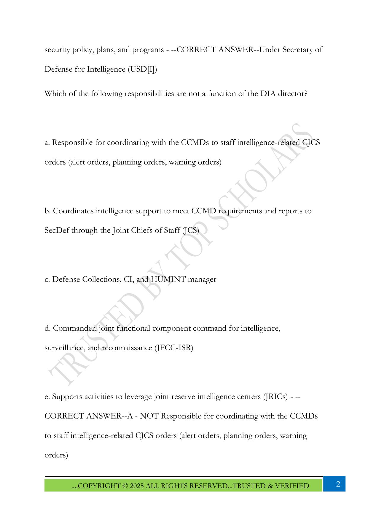 CDASA- Topic 1: Intelligence Organization and Responsibilities Exam 2025 Questions and Answers