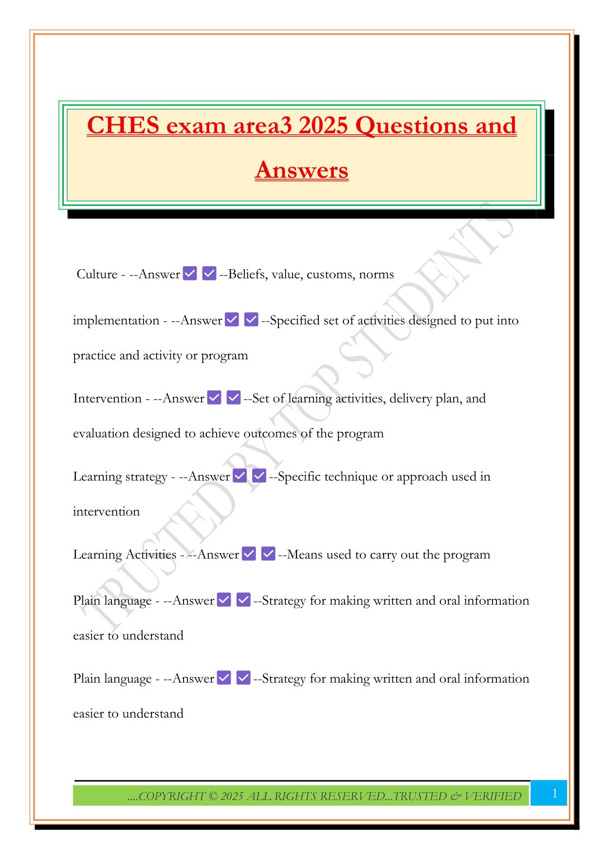 CHES exam area3 2025 Questions and Answers