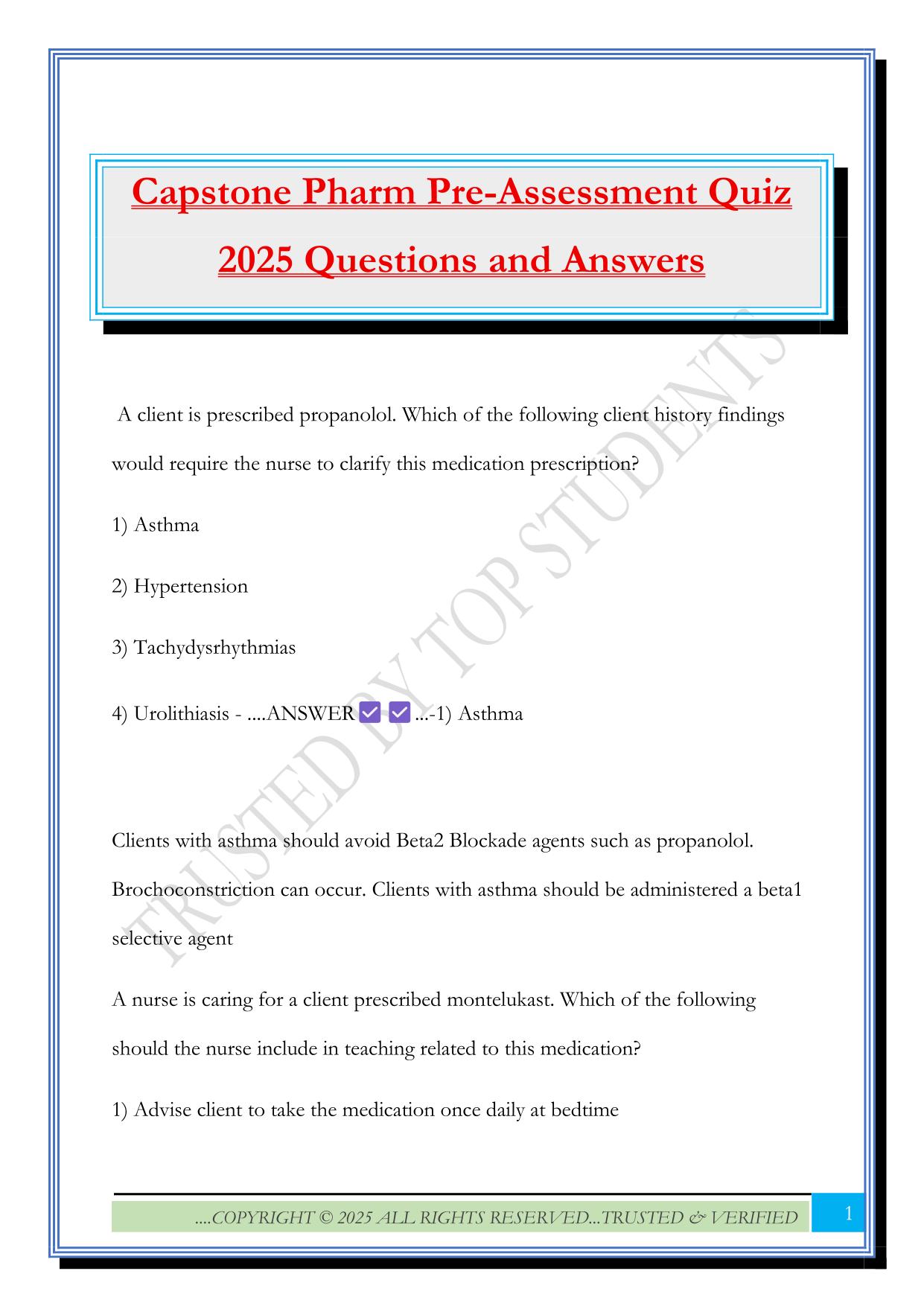 Capstone Pharm Pre-Assessment Quiz 2025 Questions and Answers
