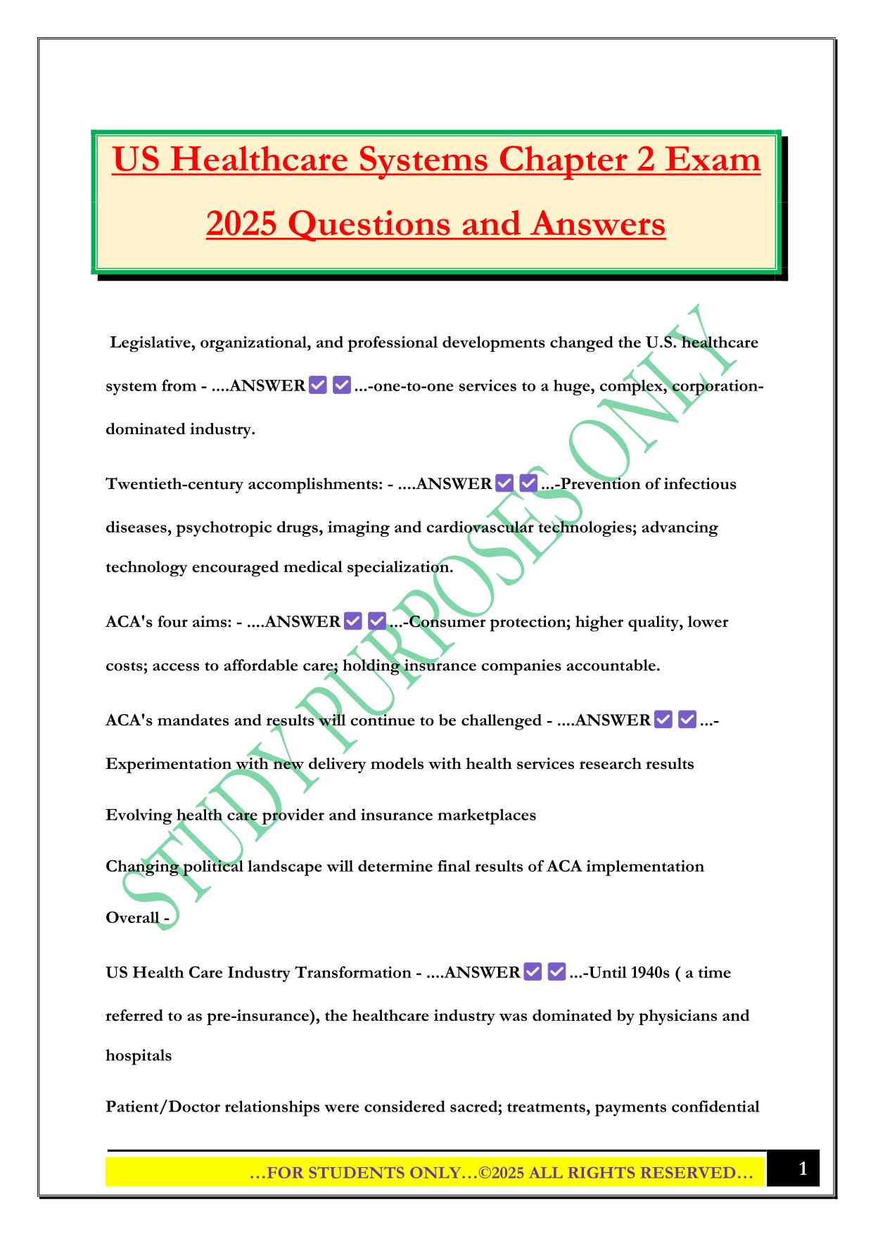 US Healthcare Systems Chapter 2 Exam 2025 Questions and Answers