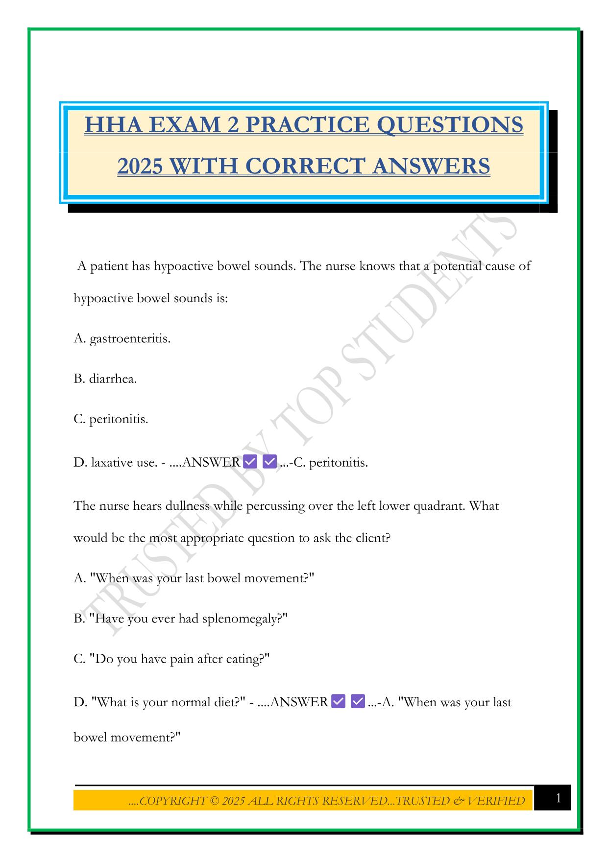 HHA EXAM 2 PRACTICE QUESTIONS 2025 WITH CORRECT ANSWERS