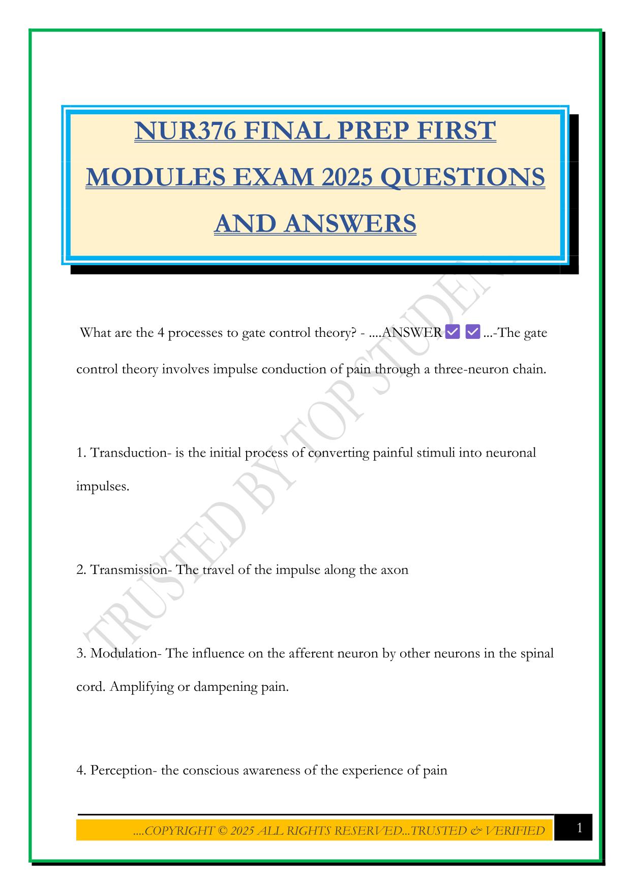 NUR376 FINAL PREP FIRST MODULES EXAM 2025 QUESTIONS AND ANSWERS