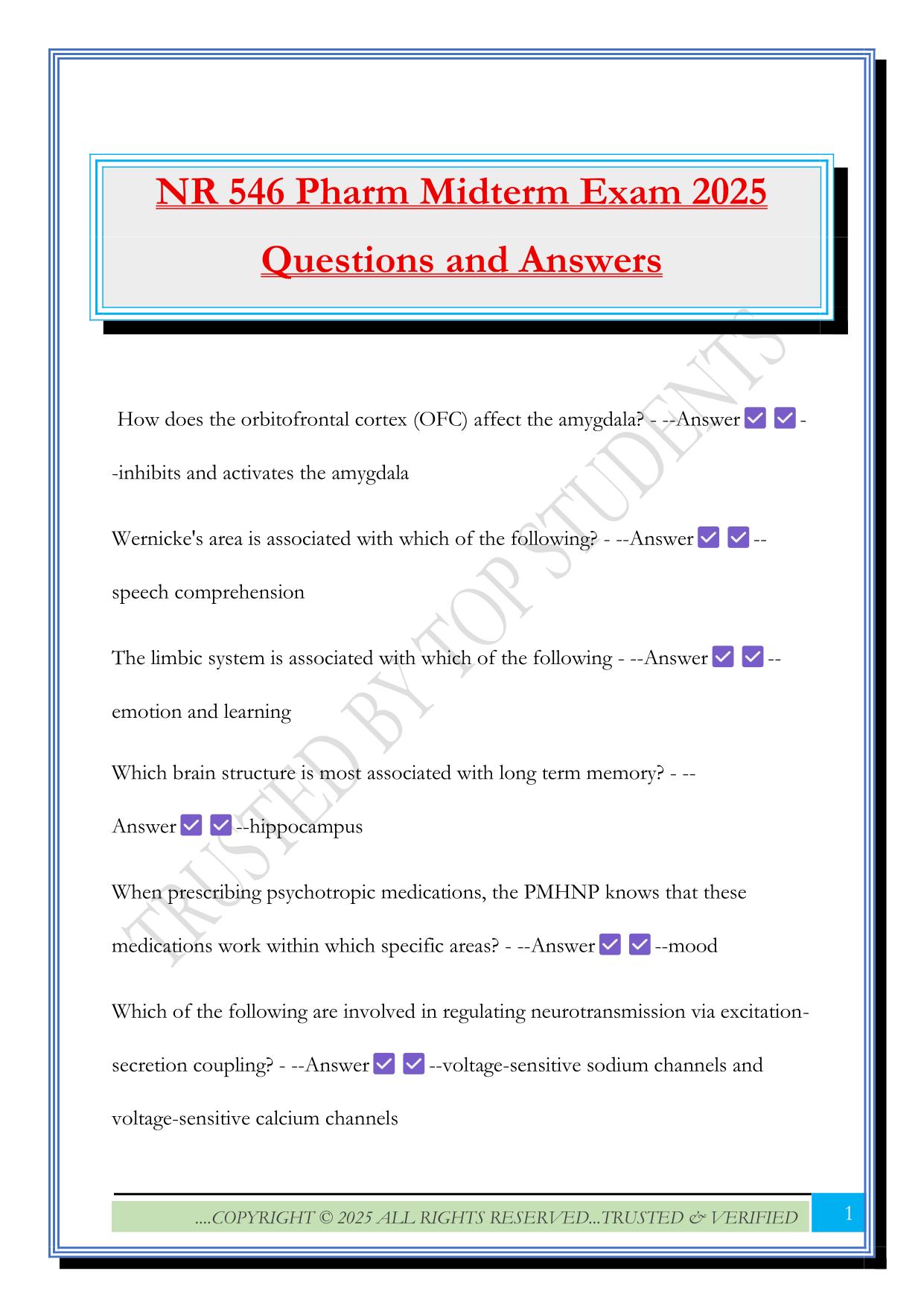 NR 546 Pharm Midterm Exam 2025 Questions and Answers