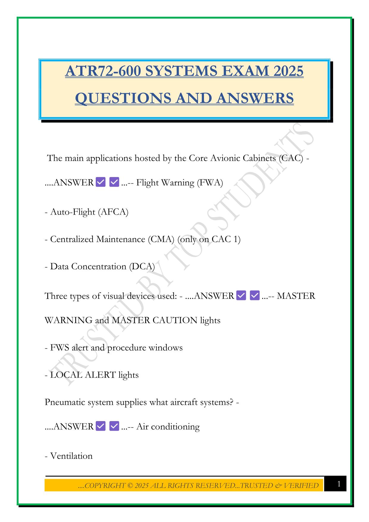 ATR72-600 SYSTEMS EXAM 2025 QUESTIONS AND ANSWERS