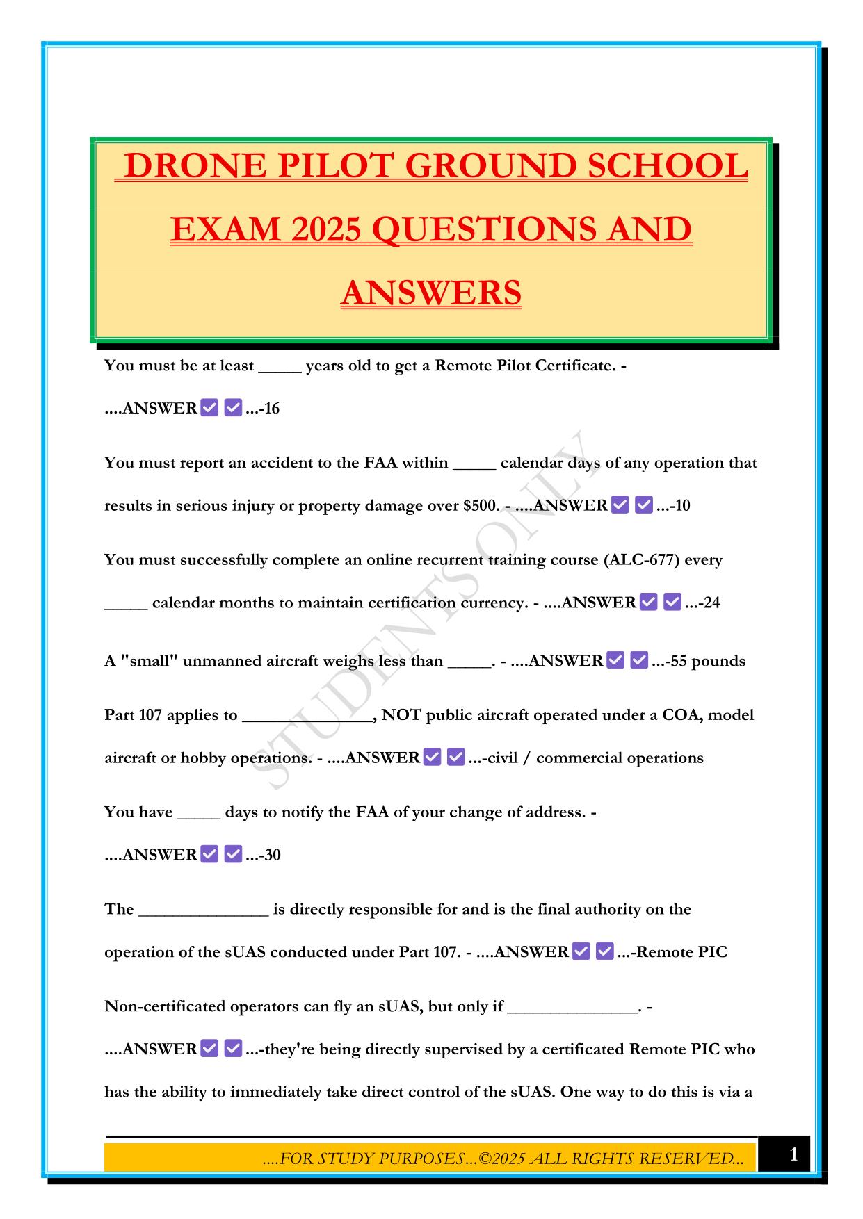 DRONE PILOT GROUND SCHOOL EXAM 2025 QUESTIONS AND ANSWERS