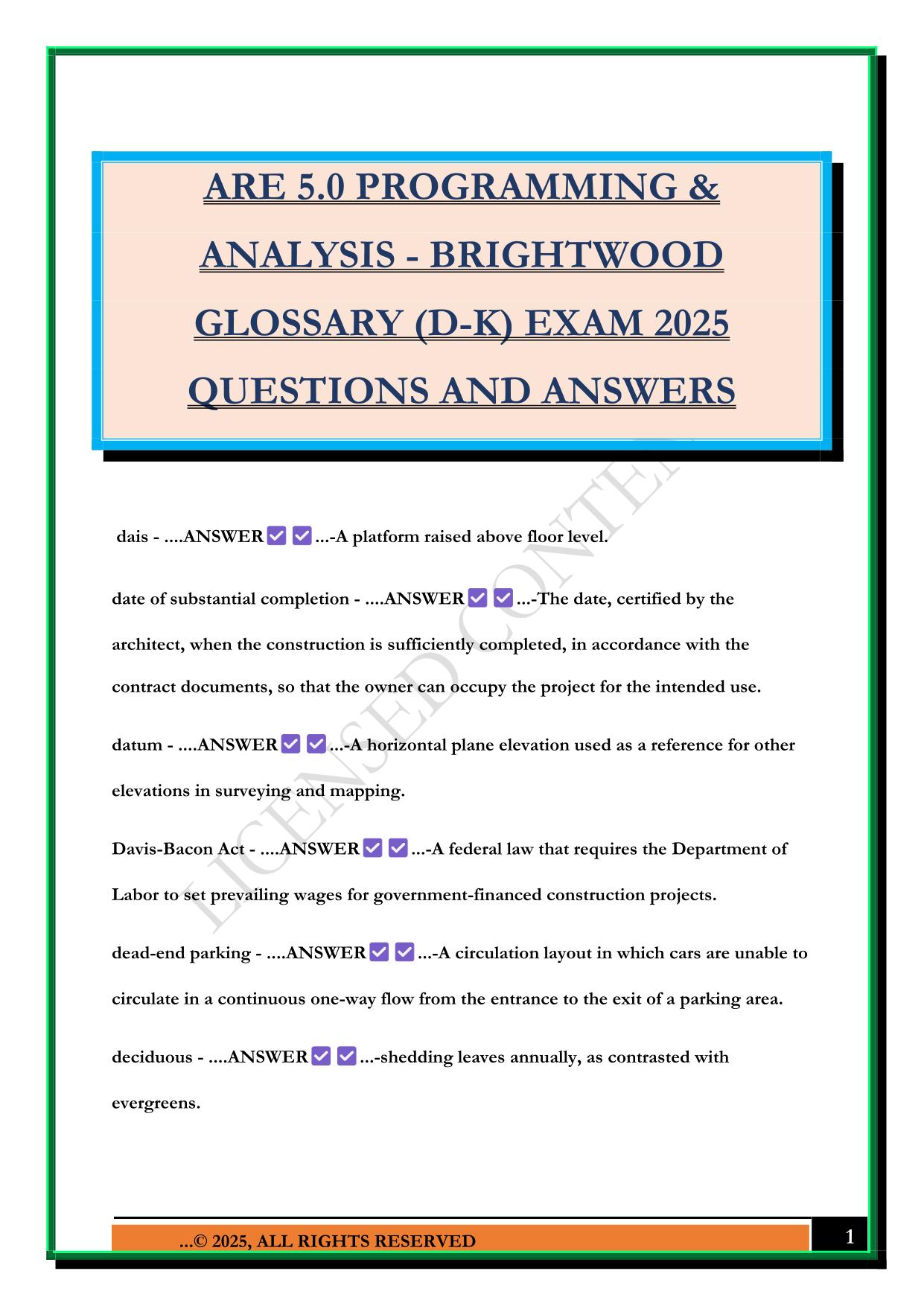 ARE 5.0 PROGRAMMING & ANALYSIS - BRIGHTWOOD GLOSSARY (D-K) EXAM 2025 QUESTIONS AND ANSWERS