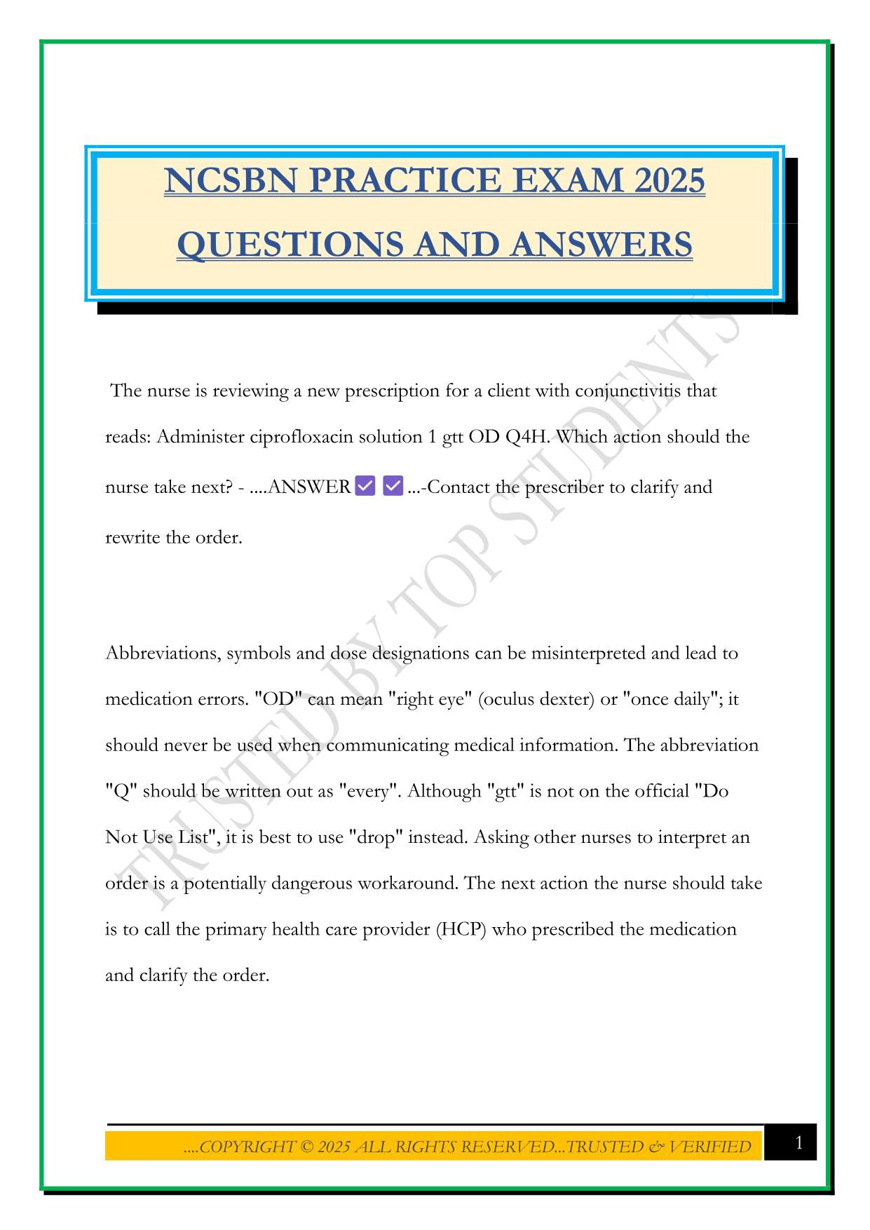 NCSBN PRACTICE EXAM 2025 QUESTIONS AND ANSWERS
