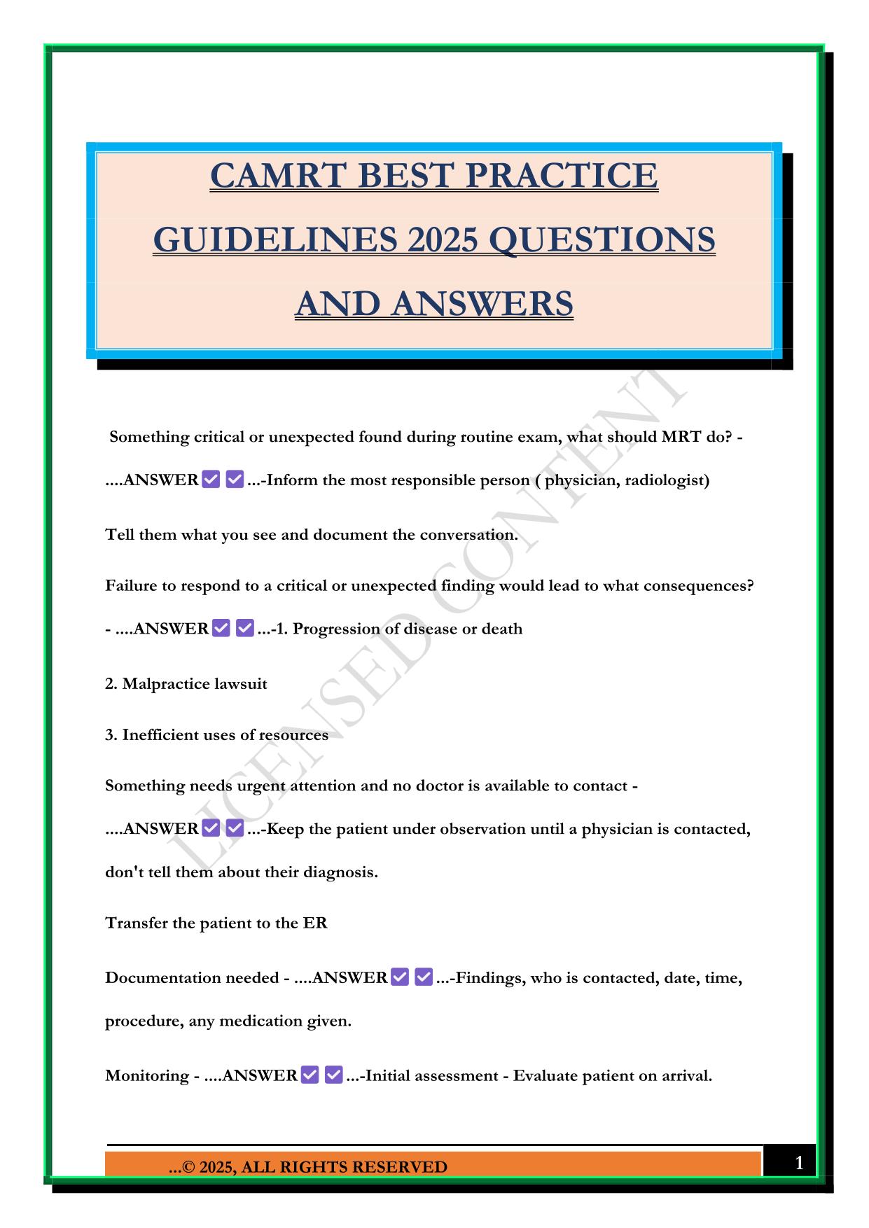 CAMRT BEST PRACTICE GUIDELINES 2025 QUESTIONS AND ANSWERS