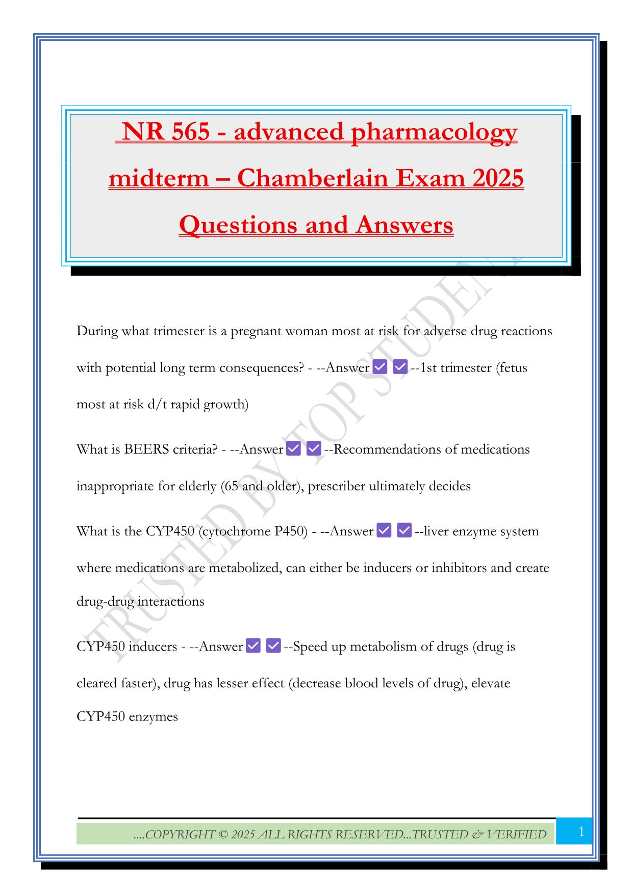 NR 565 - advanced pharmacology midterm – Chamberlain Exam 2025 Questions and Answers