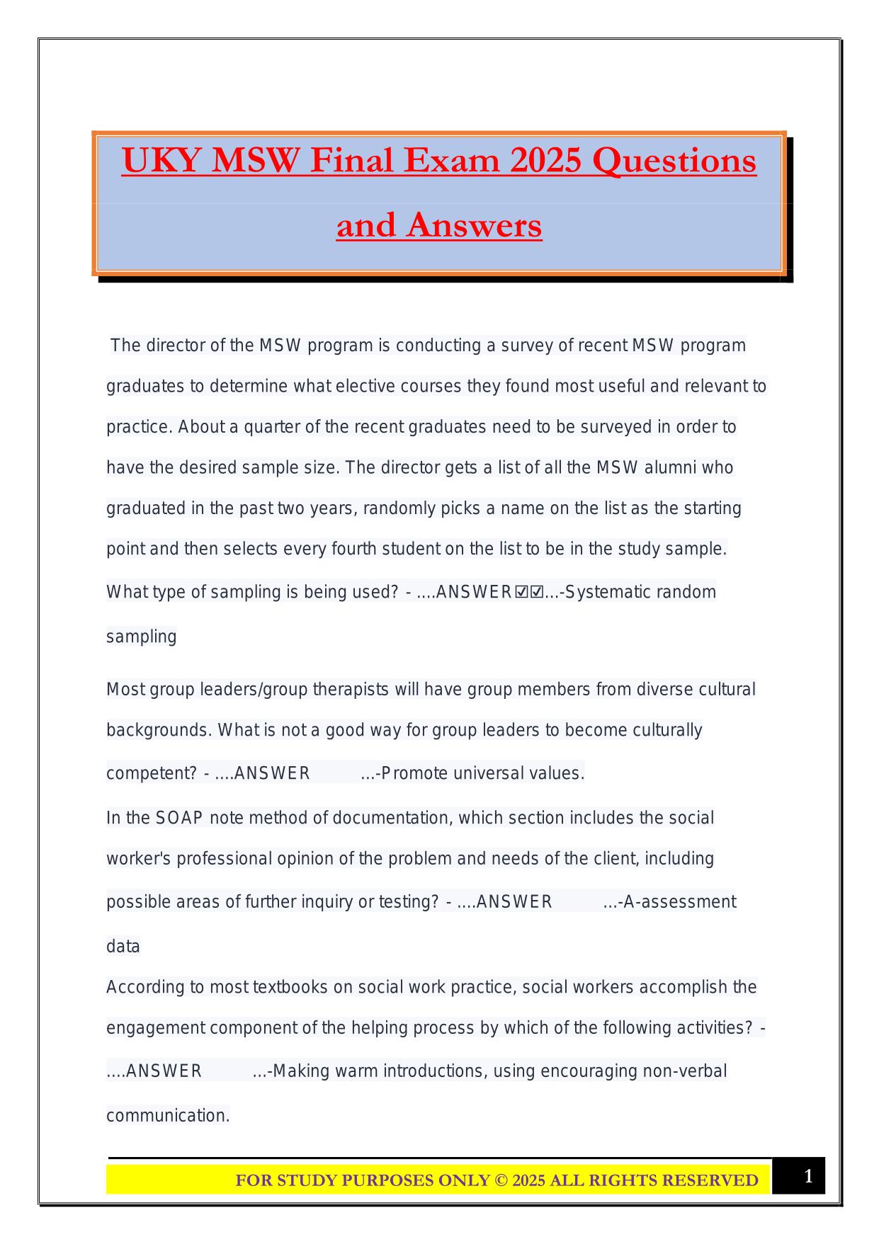 UKY MSW Final Exam 2025 Questions and Answers