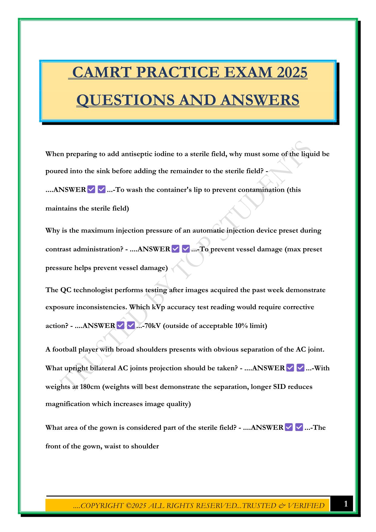 CAMRT PRACTICE EXAM 2025 QUESTIONS AND ANSWERS