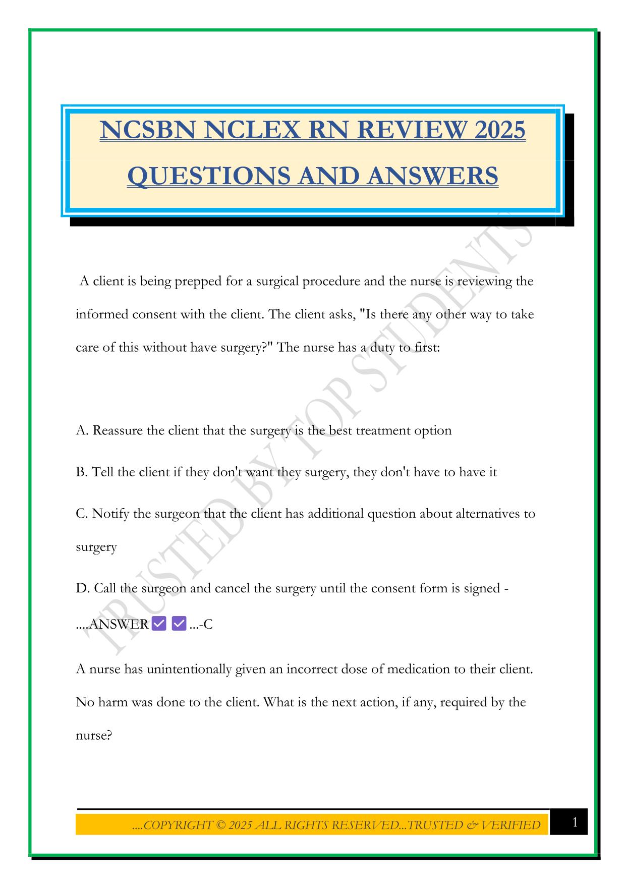 NCSBN NCLEX RN REVIEW 2025 QUESTIONS AND ANSWERS