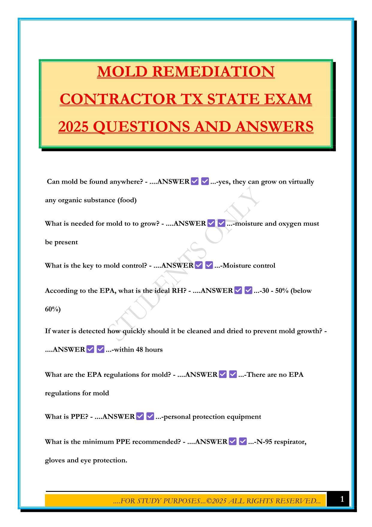 MOLD REMEDIATION CONTRACTOR TX STATE EXAM 2025 QUESTIONS AND ANSWERS