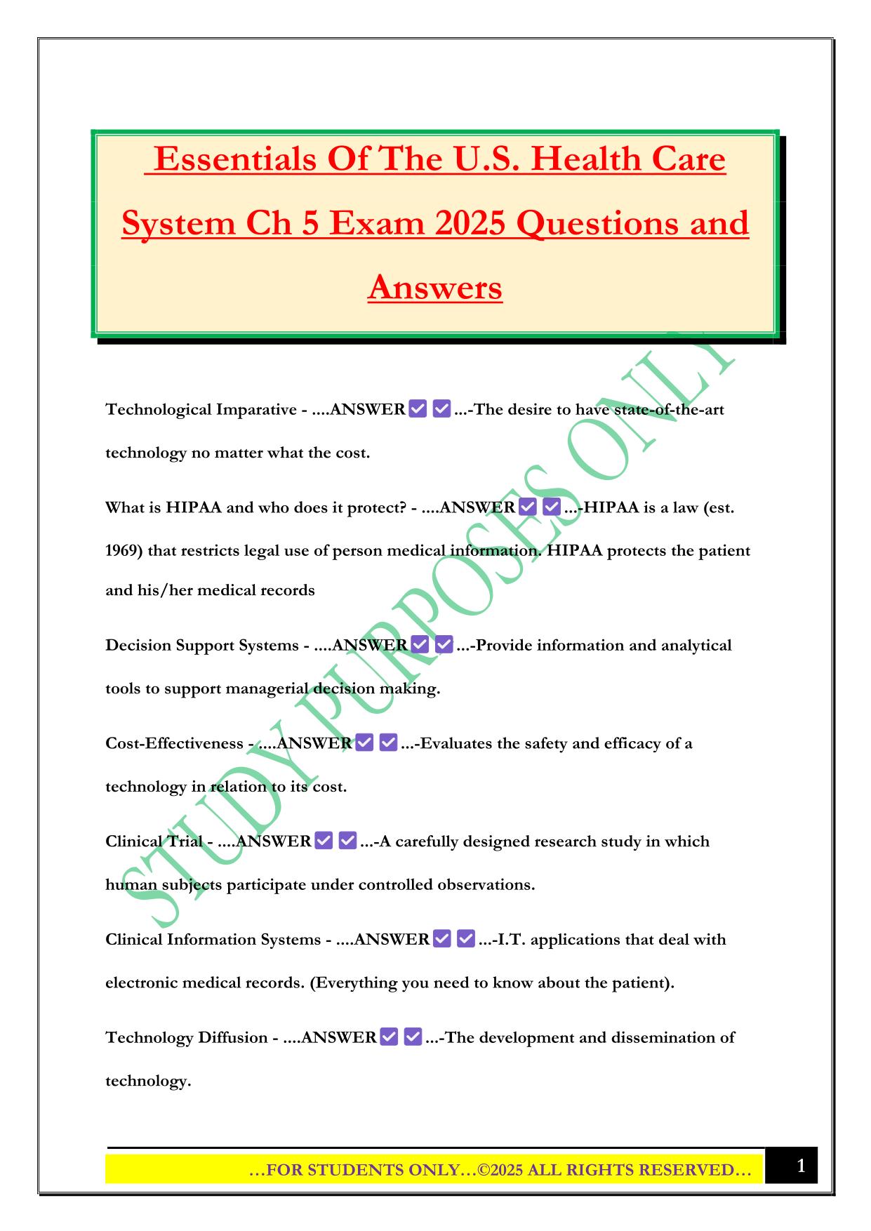 Essentials Of The U.S. Health Care System Ch 5 Exam 2025 Questions and Answers