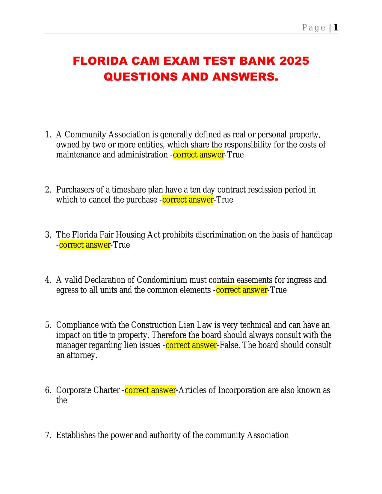 FLORIDA CAM EXAM TEST BANK 2025 QUESTIONS AND ANSWERS