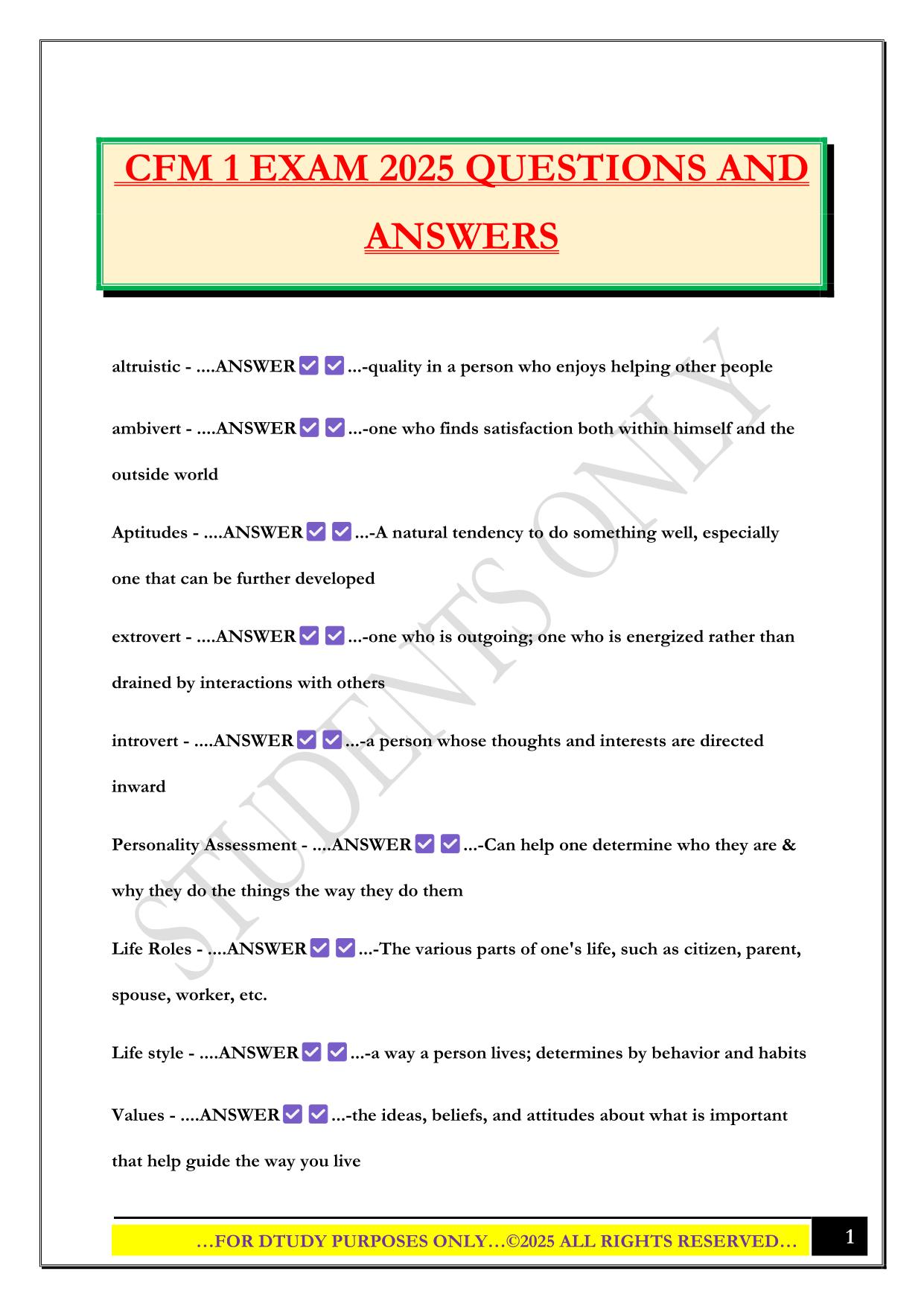 CFM 1 EXAM 2025 QUESTIONS AND ANSWERS