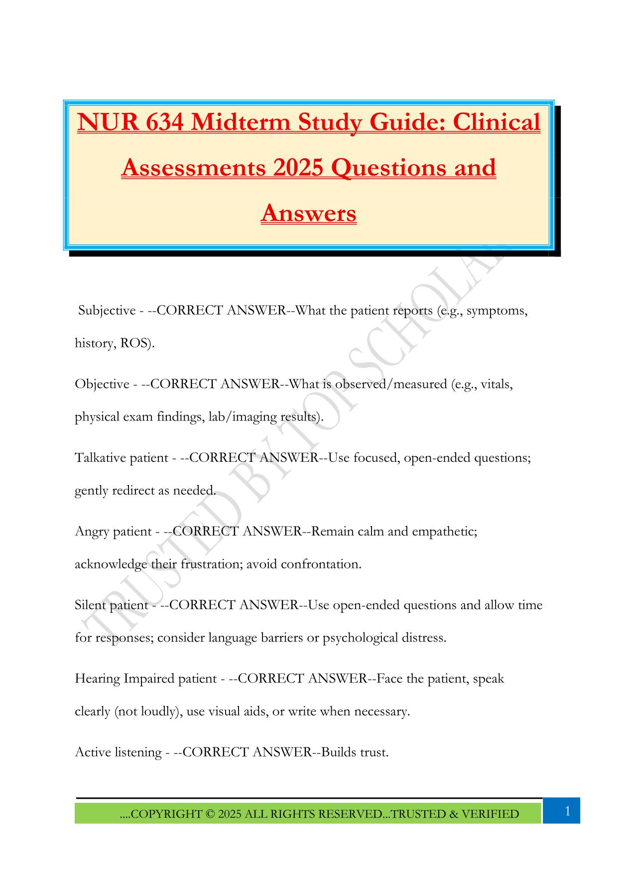 NUR 634 Midterm Study Guide: Clinical Assessments 2025 Questions and Answers