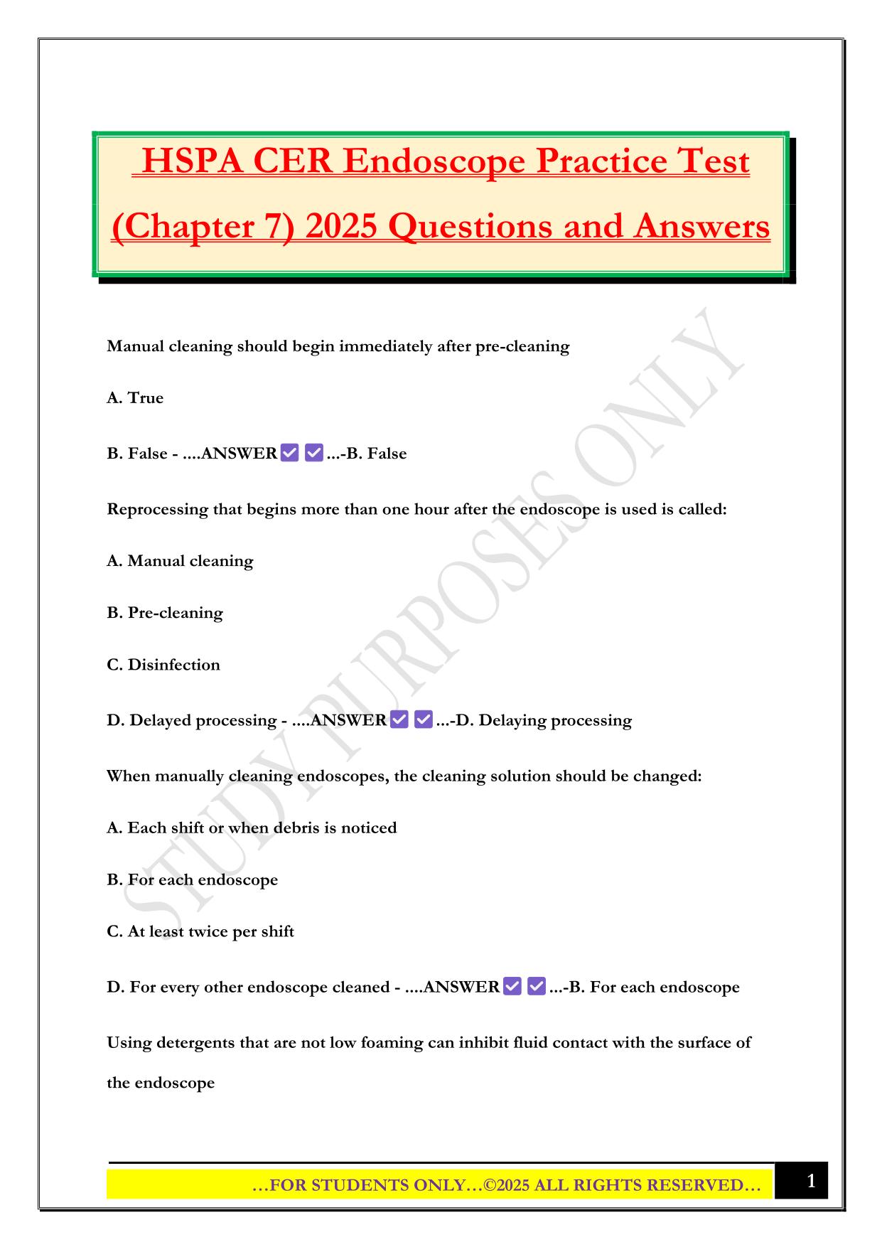 HSPA CER Endoscope Practice Test (Chapter 7) 2025 Questions and Answers