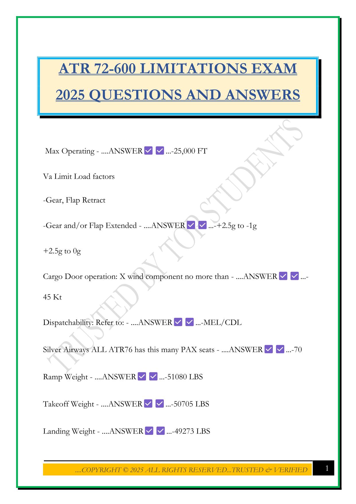 ATR 72-600 LIMITATIONS EXAM 2025 QUESTIONS AND ANSWERS