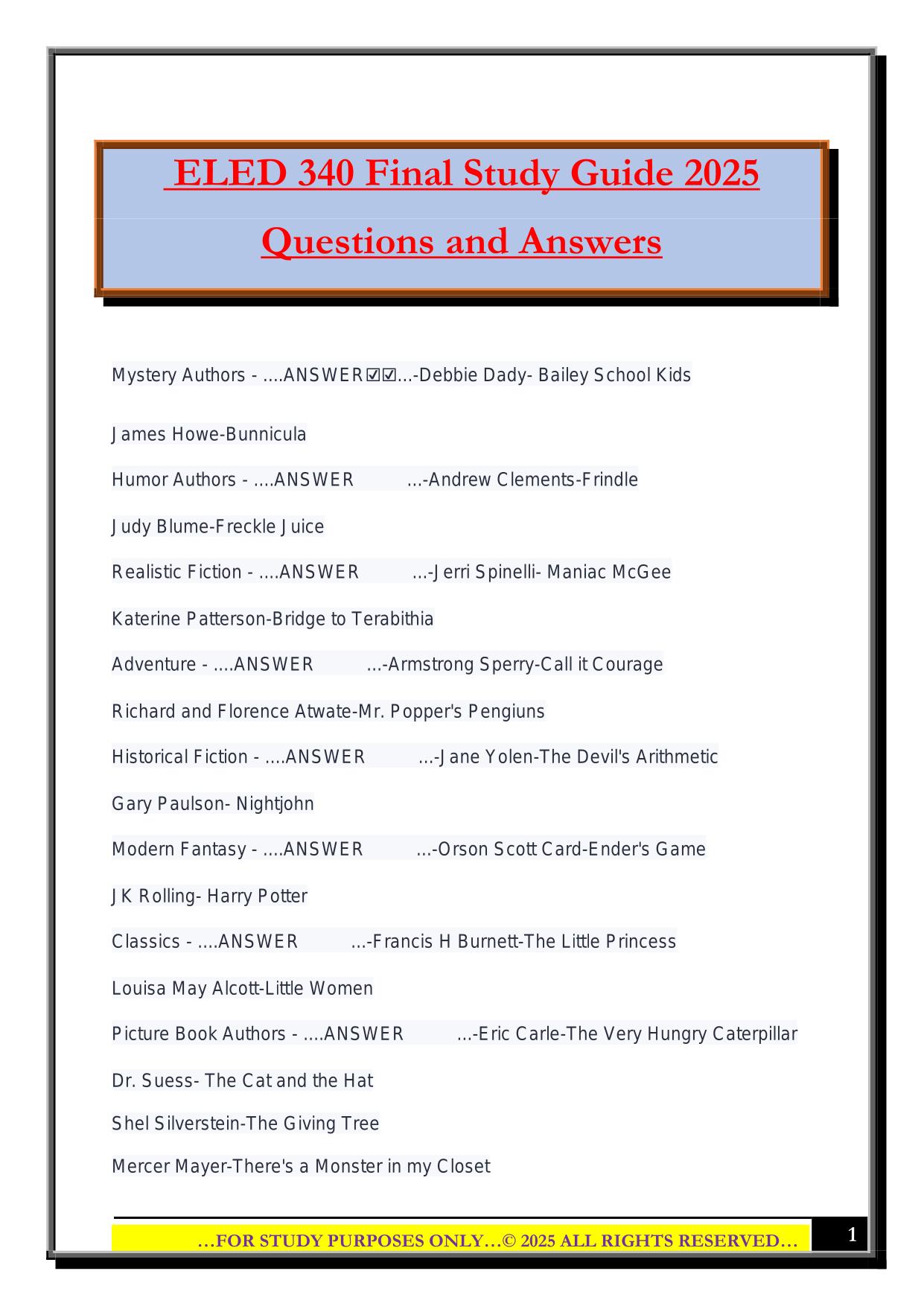 ELED 340 Final Study Guide 2025 Questions and Answers
