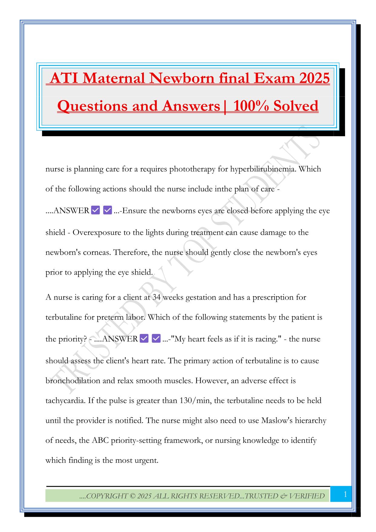 ATI Maternal Newborn final Exam 2025 Questions and Answers| 100% Solved