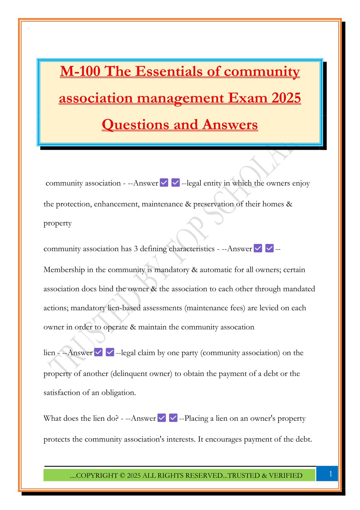 M-100 The Essentials of community association management Exam 2025 Questions and Answers