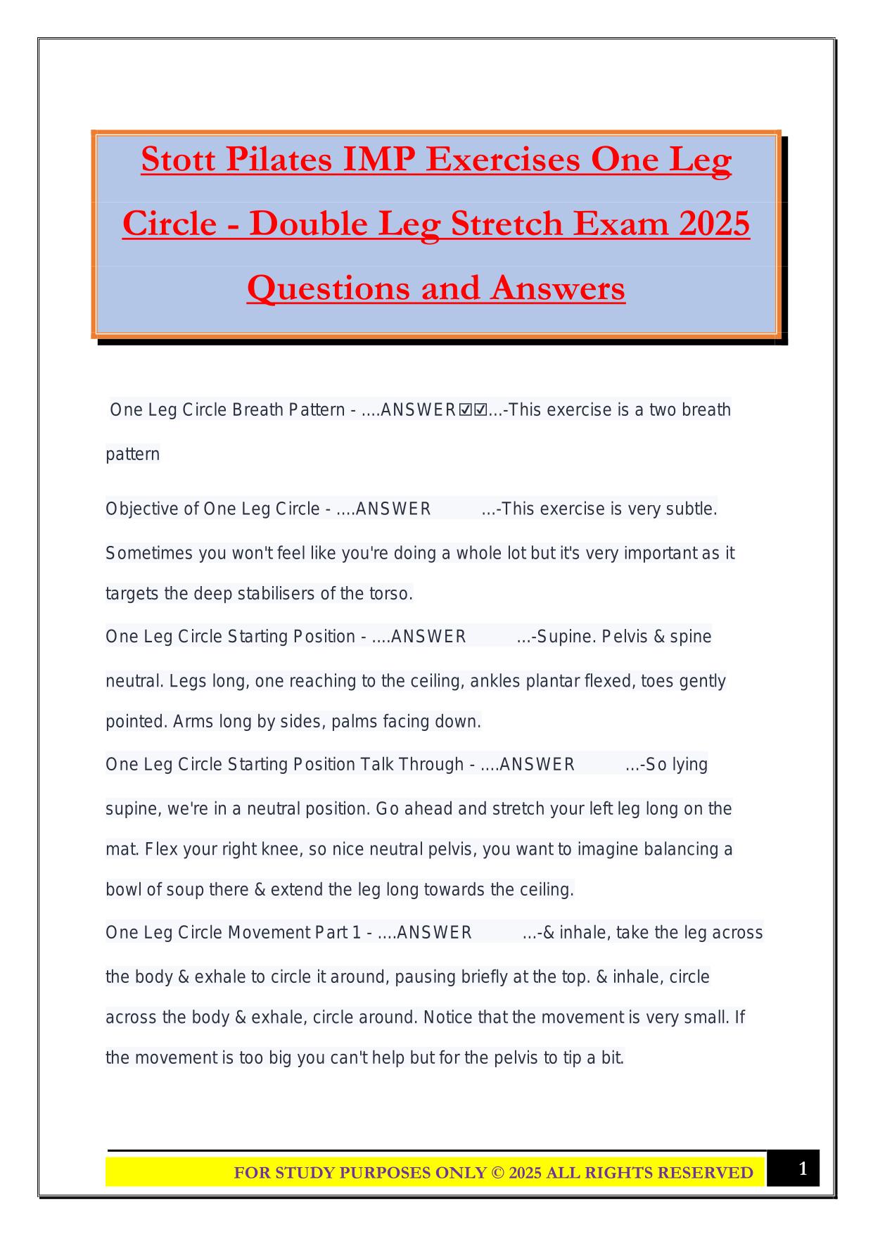 Stott Pilates IMP Exercises One Leg Circle - Double Leg Stretch Exam 2025 Questions and Answers