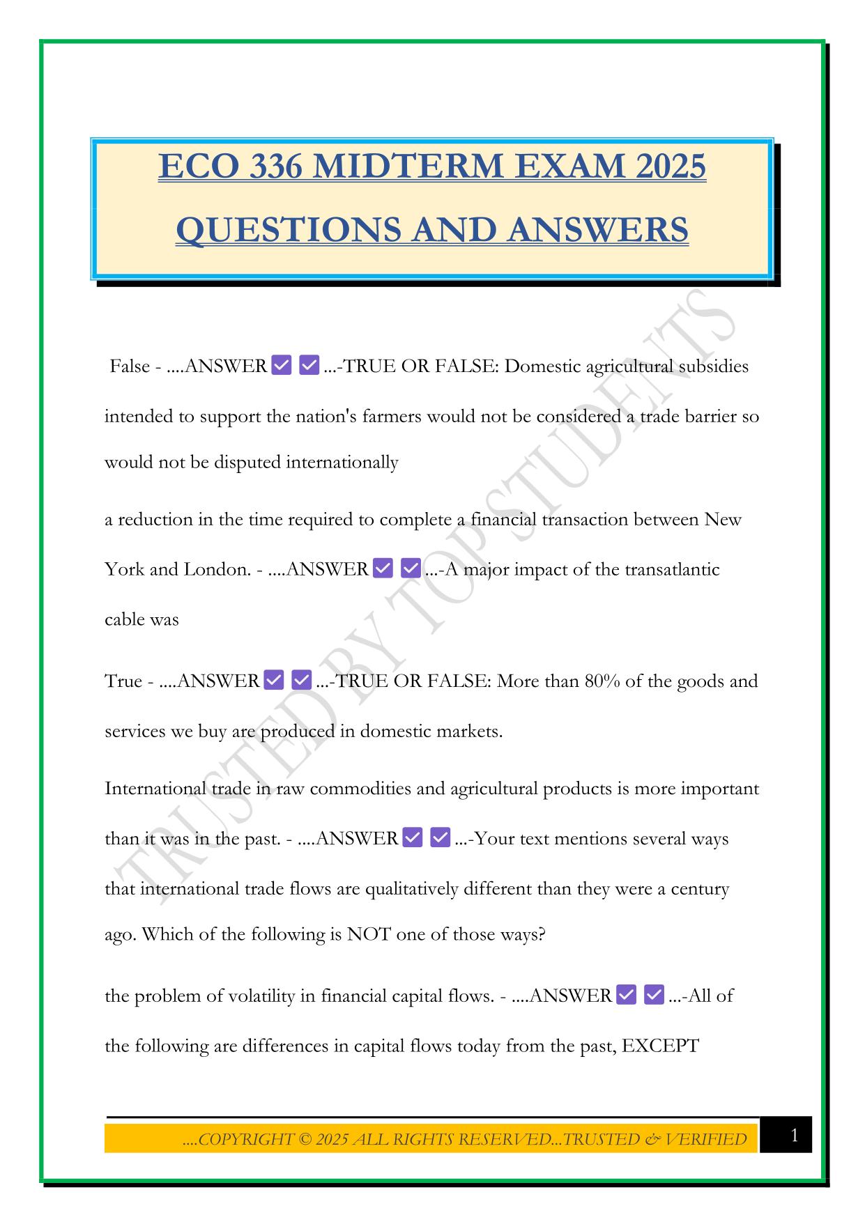 ECO 336 MIDTERM EXAM 2025 QUESTIONS AND ANSWERS