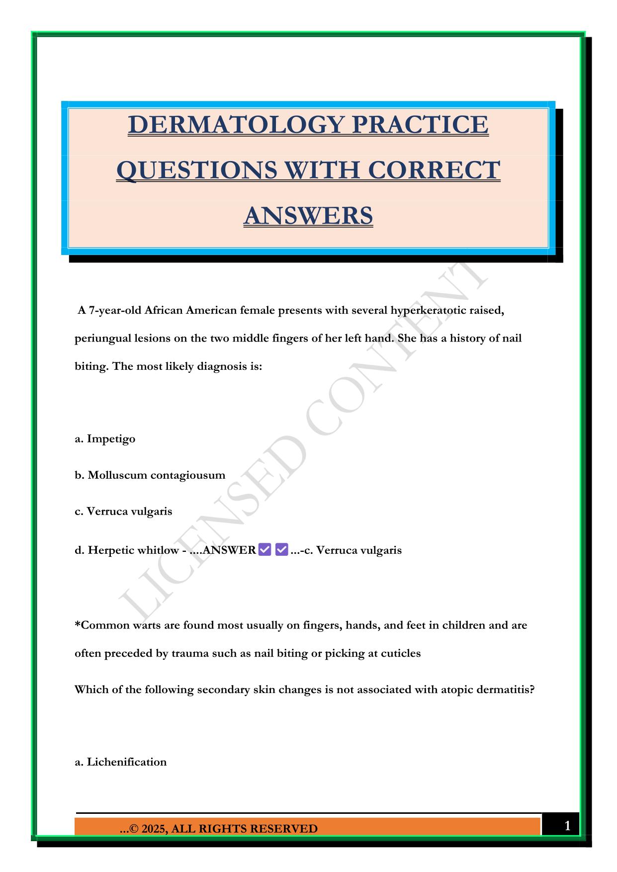 DERMATOLOGY PRACTICE QUESTIONS WITH CORRECT ANSWERS
