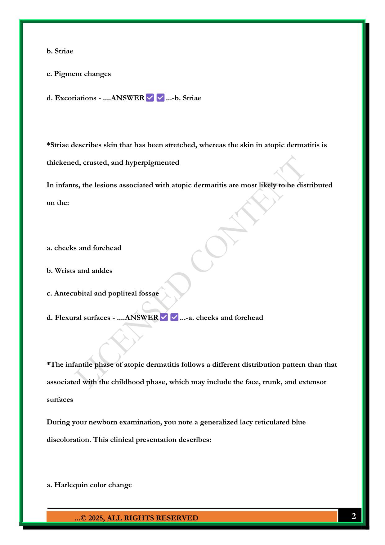 DERMATOLOGY PRACTICE QUESTIONS WITH CORRECT ANSWERS