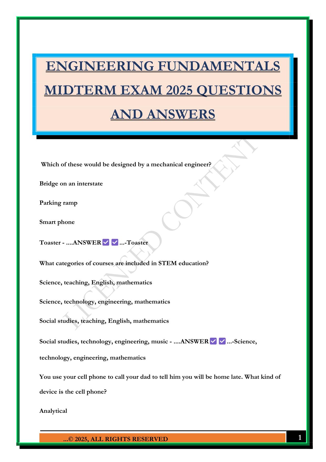 ENGINEERING FUNDAMENTALS MIDTERM EXAM 2025 QUESTIONS AND ANSWERS