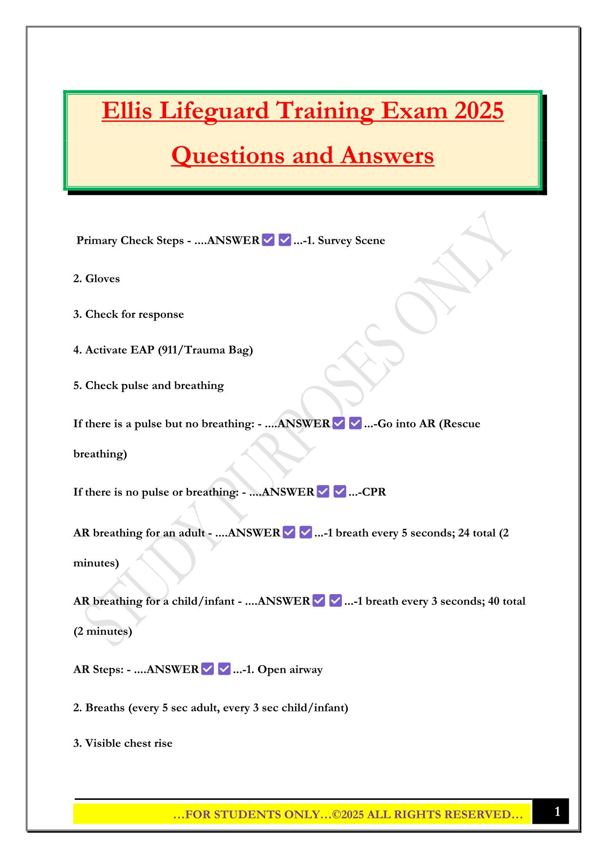 Ellis and Associates Lifeguard Training Exam 2025 Questions and Answers