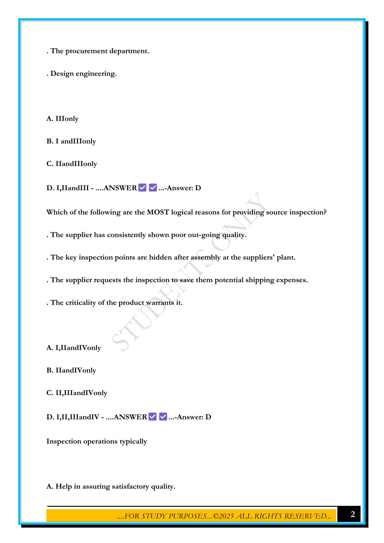 QUALITY ENGINEER EXAM - PART 2 EXAM 2025 QUESTIONS AND ANSWERS