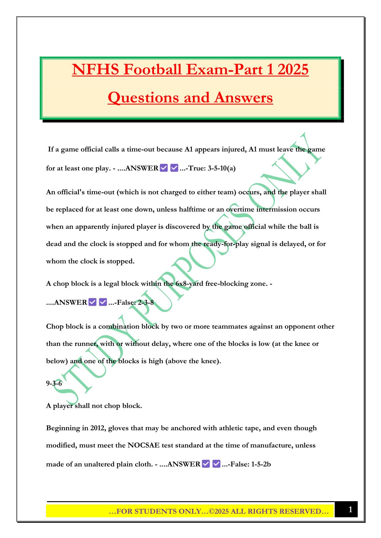 NFHS Football Exam-Part 1 2025 Questions and Answers