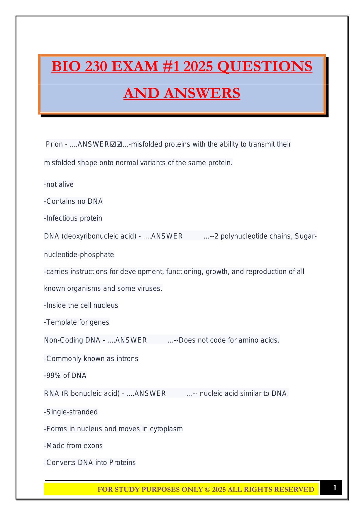 BIO 230 EXAM #1 2025 QUESTIONS AND ANSWERS
