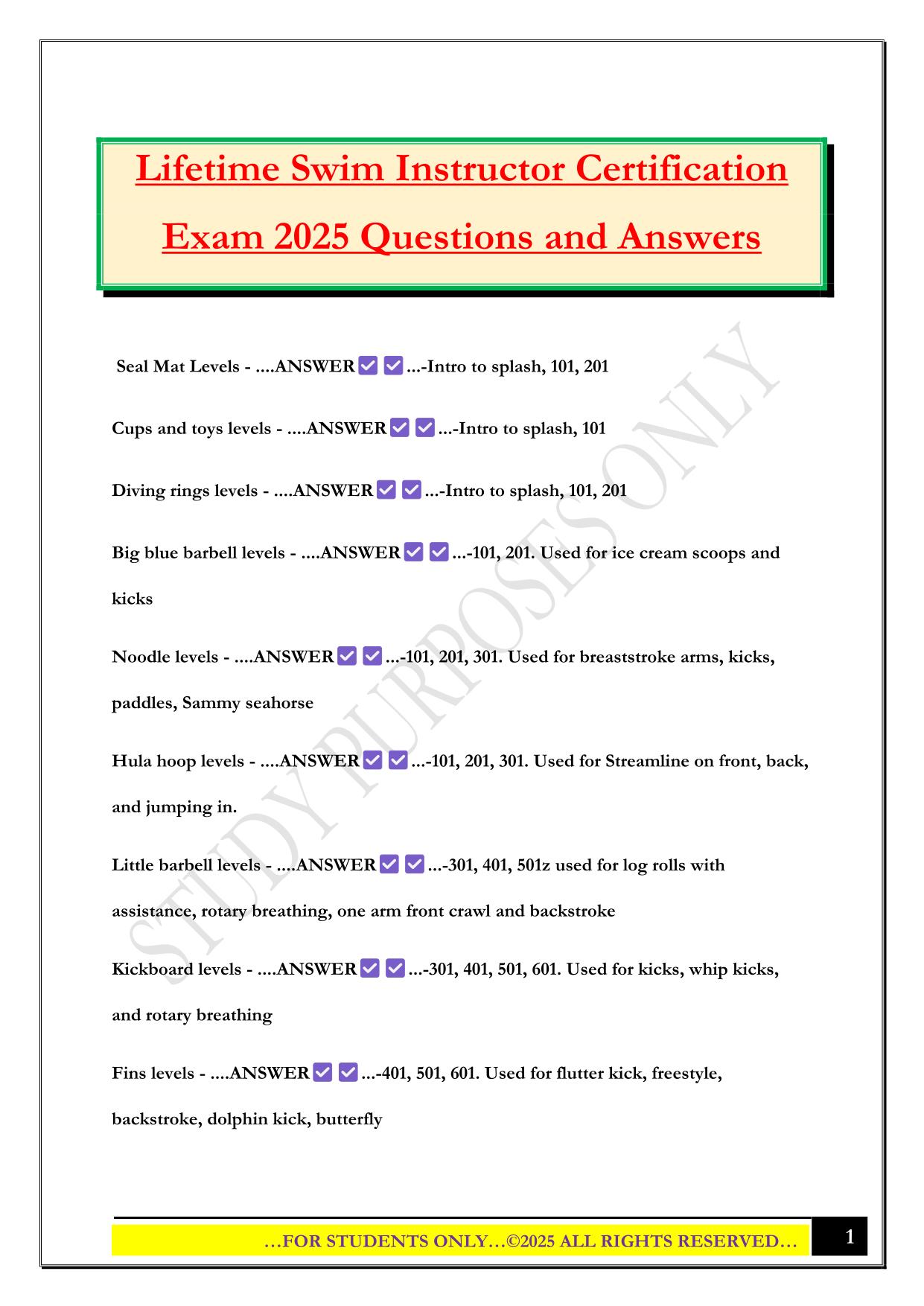 Lifetime Swim Instructor Certification Exam 2025 Questions and Answers