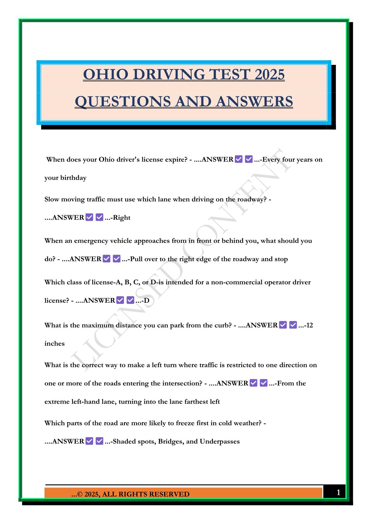 OHIO DRIVING TEST 2025 QUESTIONS AND ANSWERS