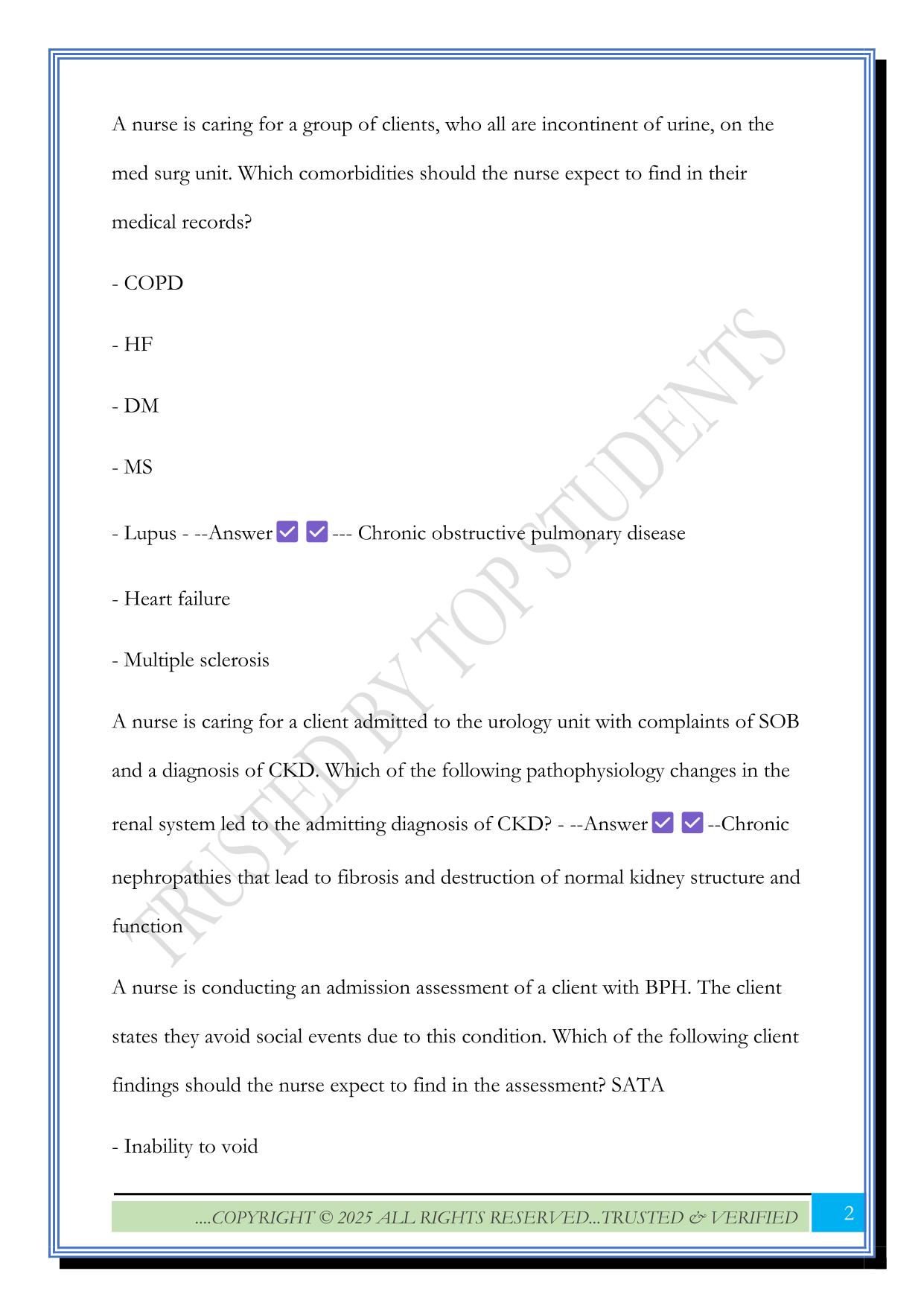 RN Alterations in Kidney Function and Elimination Assessment Exam 2025 Questions and Answers